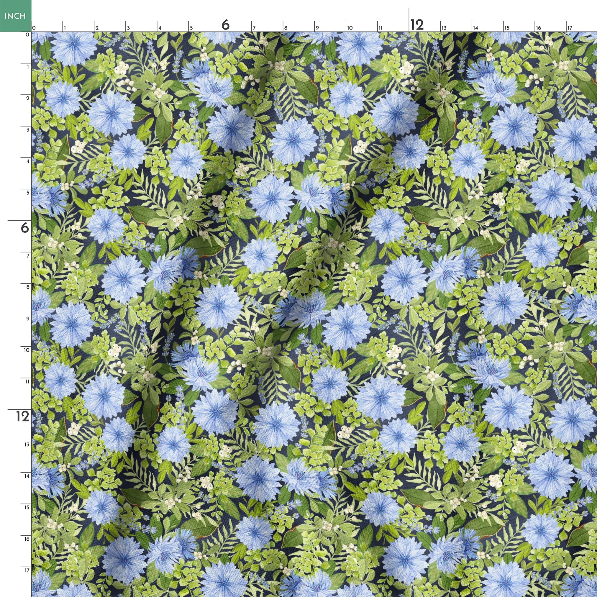 Beautiful floral pattern with light blue cornflowers and vibrant green leaves and foliage springs ruler 18x18