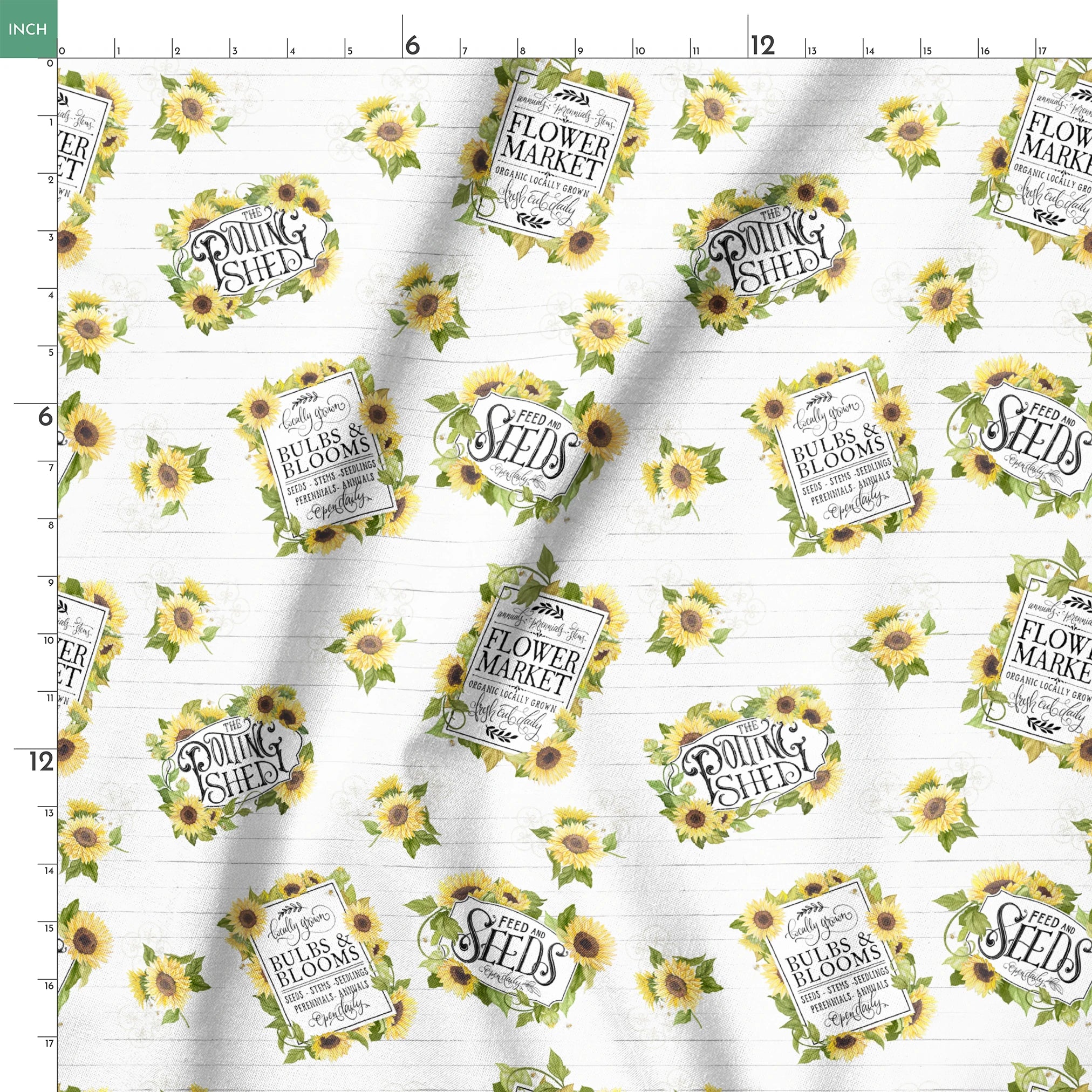 Watercolor sunflower clusters with vintage-style gardening labels on a white shiplap background, designed by Nicole Tamarin. springs ruler 18x18