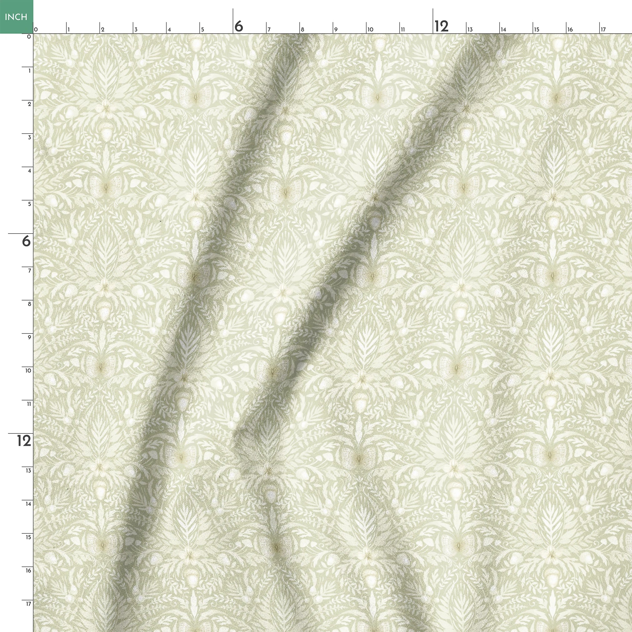 Sage and cream damask-style pattern featuring symmetrical acorns, oak leaves, and botanical motifs in a tonal palette by Nicole Tamarin. springs ruler 18x18