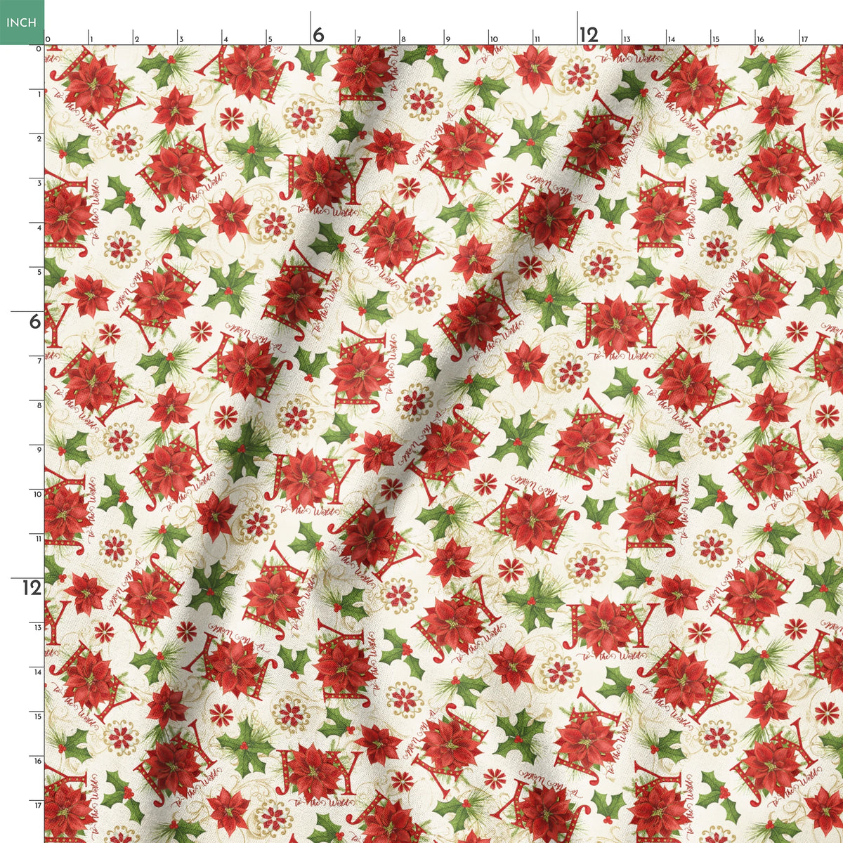 Red poinsettias, holly leaves, pine sprigs, and peppermint candy motifs with scattered “Joy” text in a festive holiday toss design by Nicole Tamarin. springs ruler 18x18