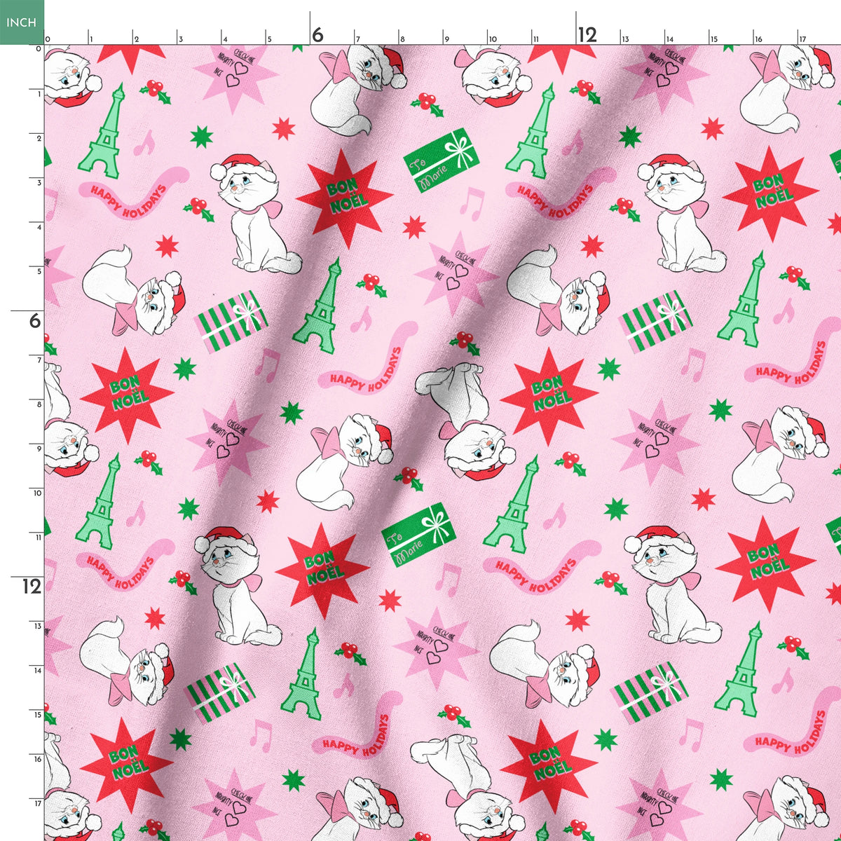 Holiday pattern with Marie from The Aristocats in Santa hats, Eiffel Towers, "Noel" text, and festive stars on pink background springs ruler 18x18