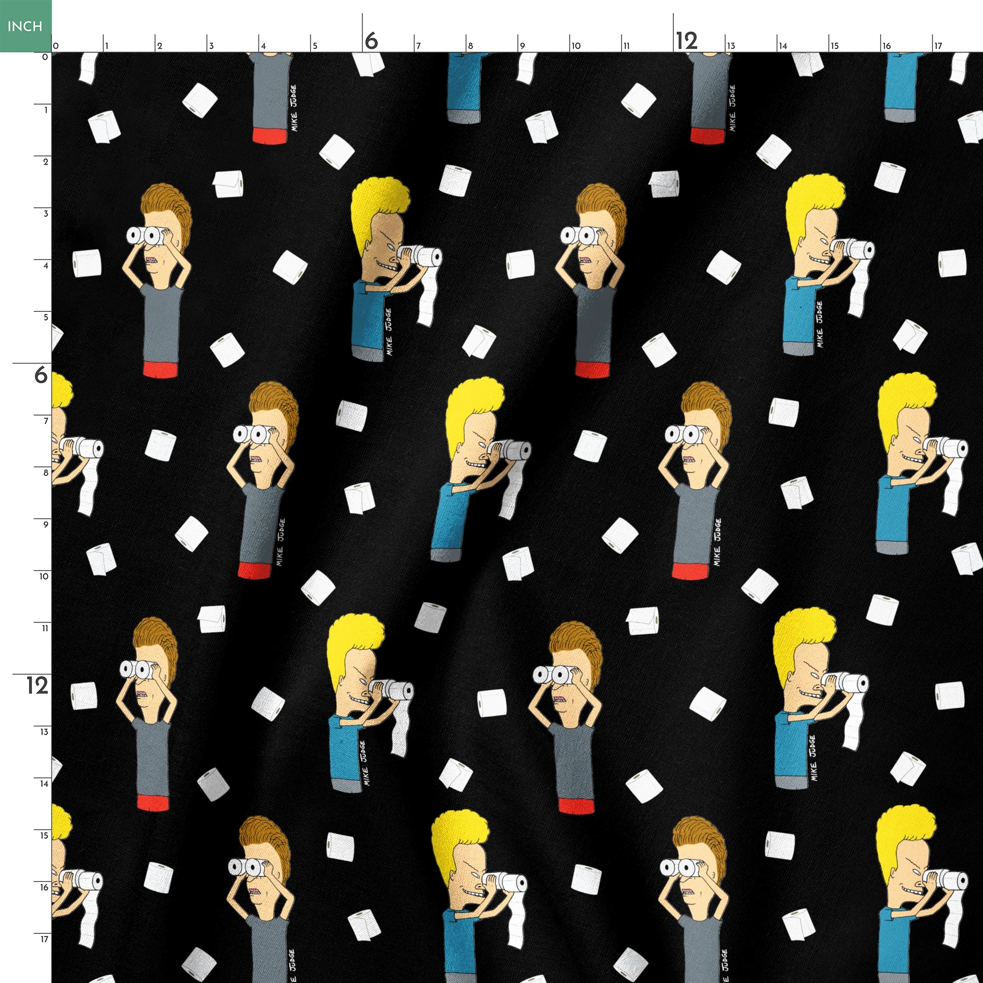 Cartoon characters with exaggerated features on black background with white squares scattered throughout the pattern springs ruler 18x18