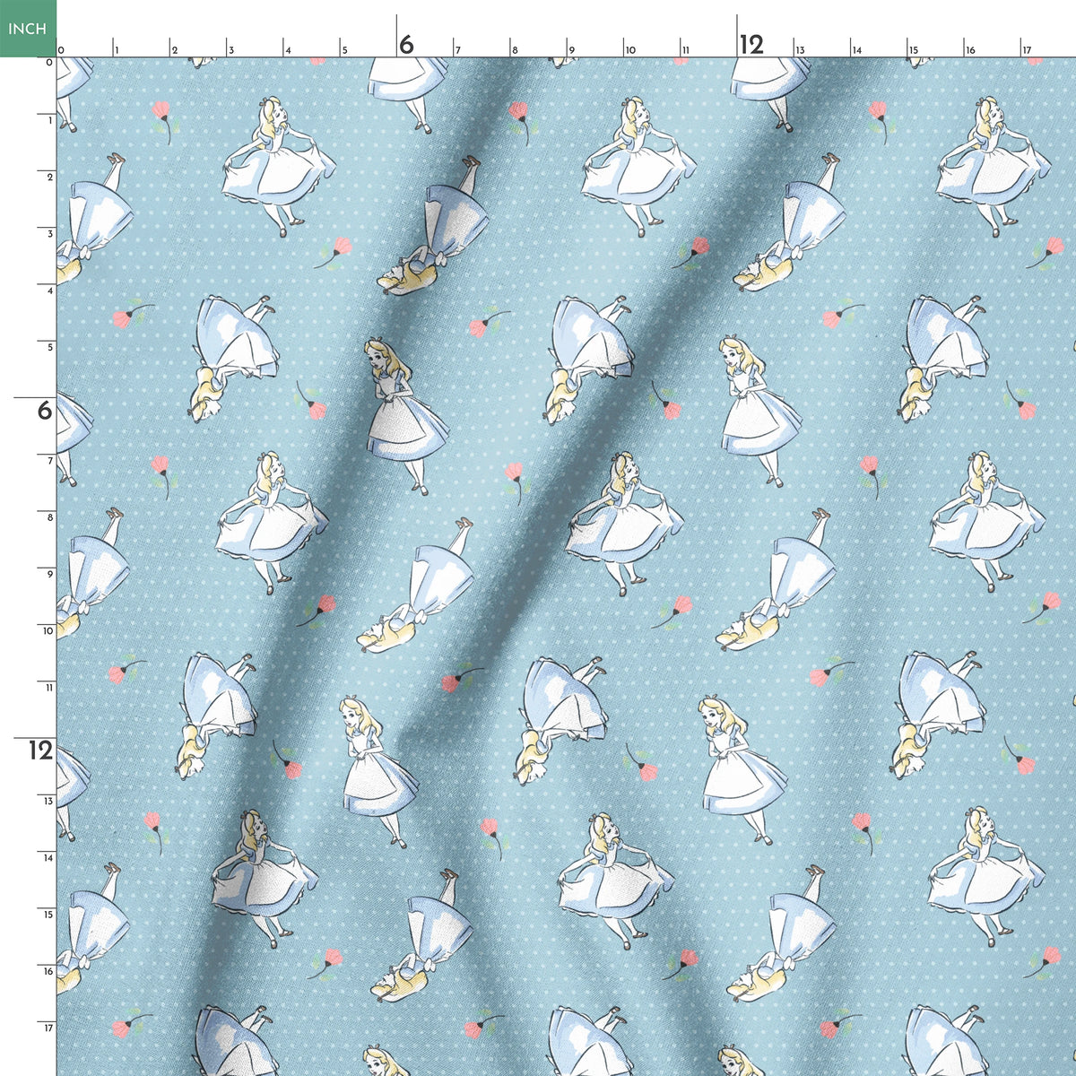 Blue polka dot pattern with illustrated characters in blue dresses and small pink flowers scattered throughout. springs ruler 18x18