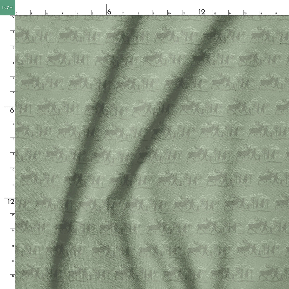 Muted green patterned design with repeating silhouettes of Frozen characters in horizontal bands springs ruler 18x18