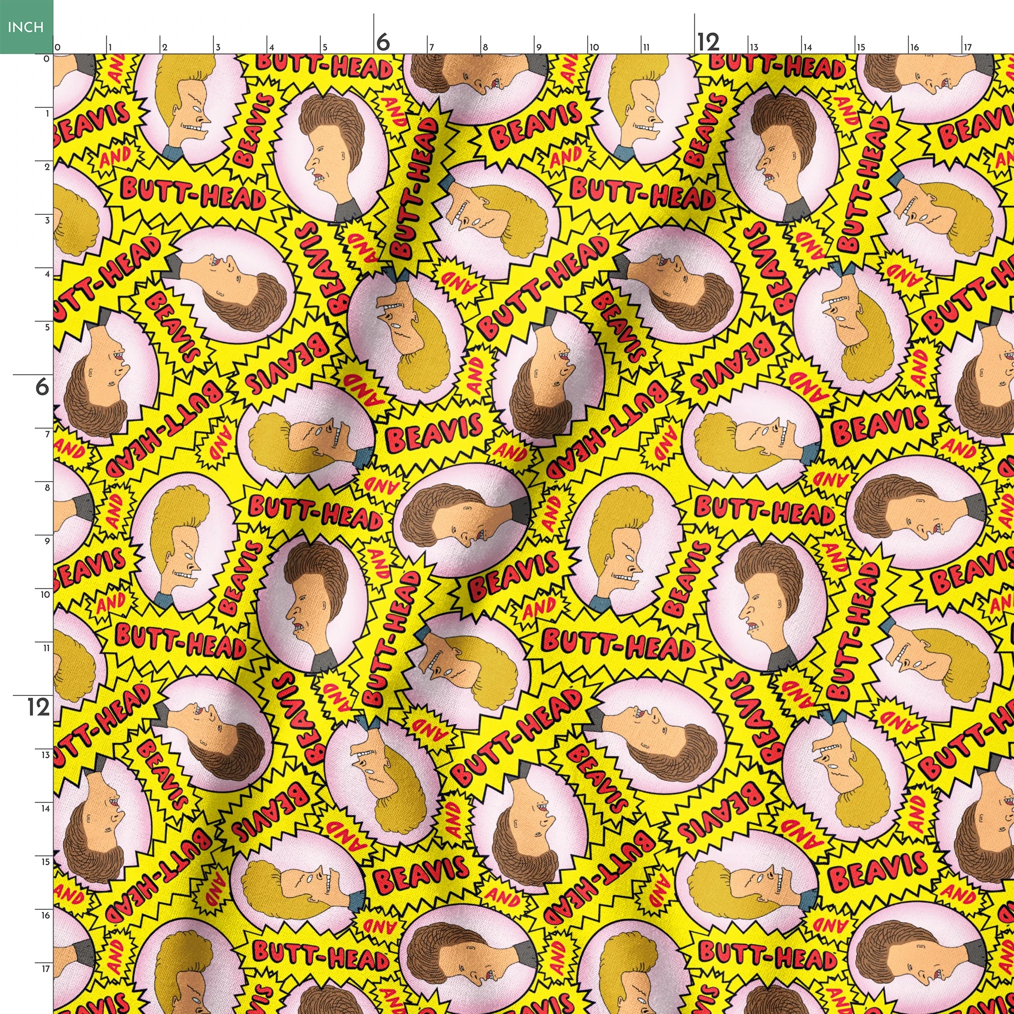 Yellow pattern with cartoon characters and text "BEAVIS" and "BUTT-HEAD" in comic-style speech bubbles repeated throughout springs ruler 18x18
