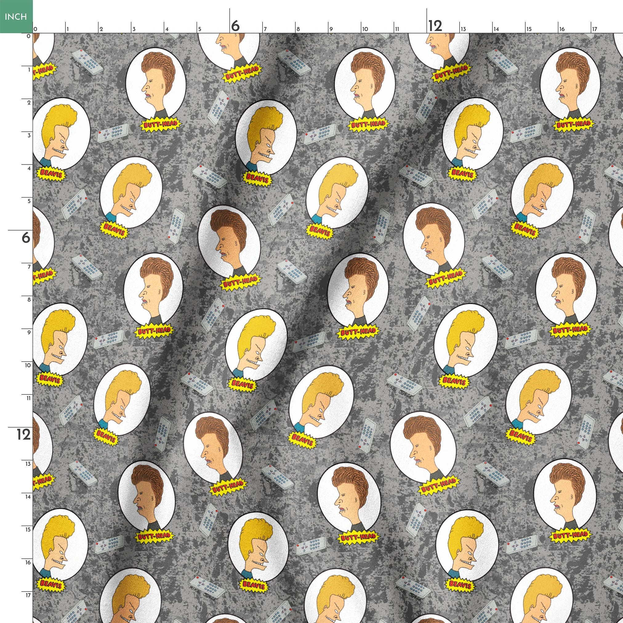 Cartoon pattern with blond and brown-haired animated characters in circular frames against a gray background with comic-style text bubbles. springs ruler 18x18