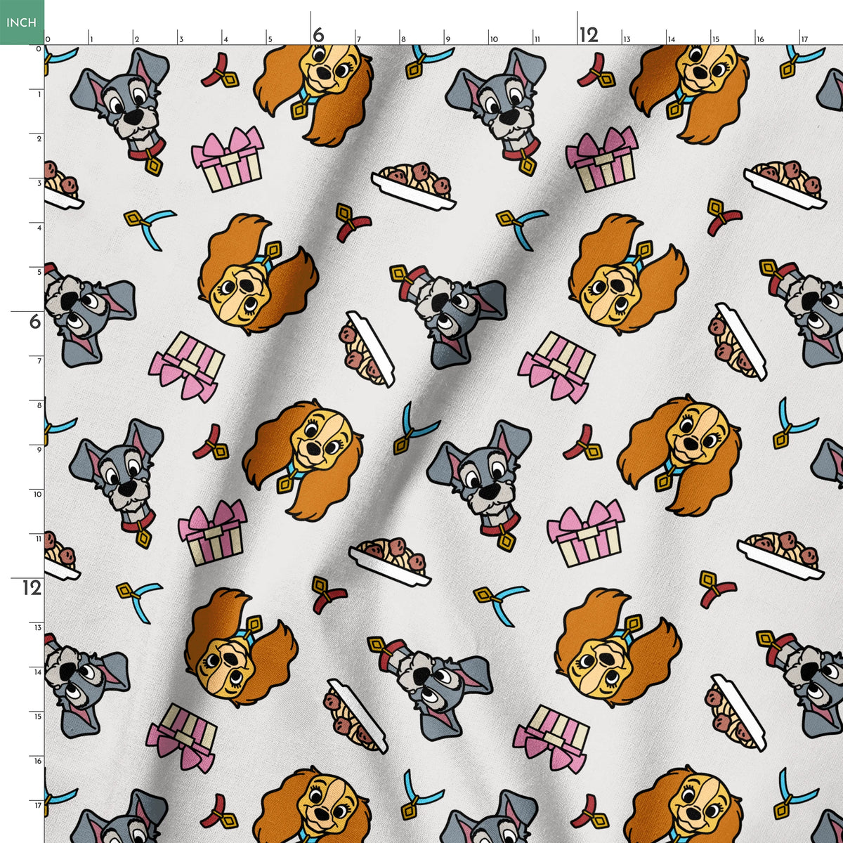 Cartoon pattern featuring Lady and Tramp dogs, gift boxes, bones, and ribbons on light gray background springs ruler 18x18