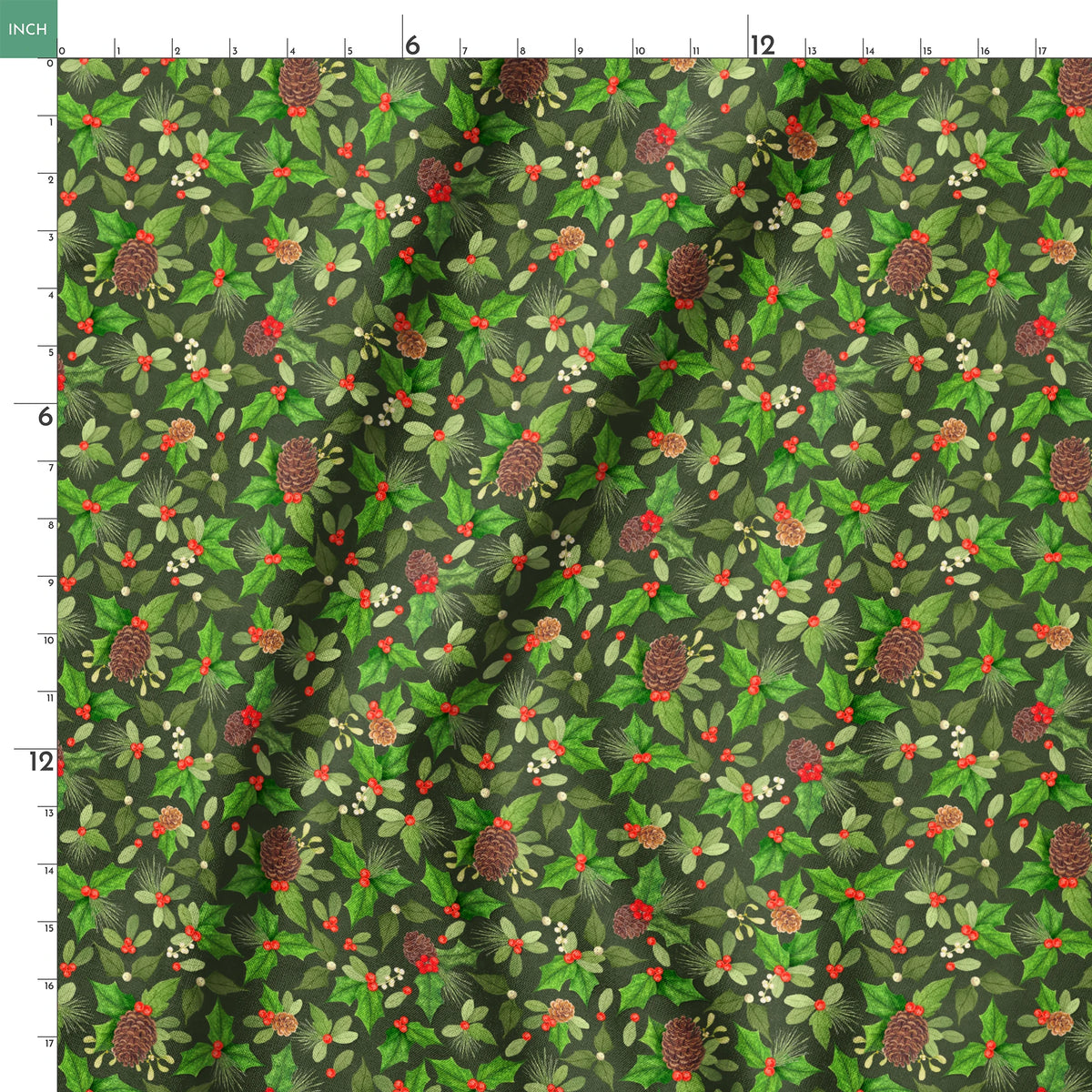 Seamless holiday pattern by Nicole Tamarin featuring pinecones, holly, red berries, and green foliage on a dark green background. springs ruler 18x18