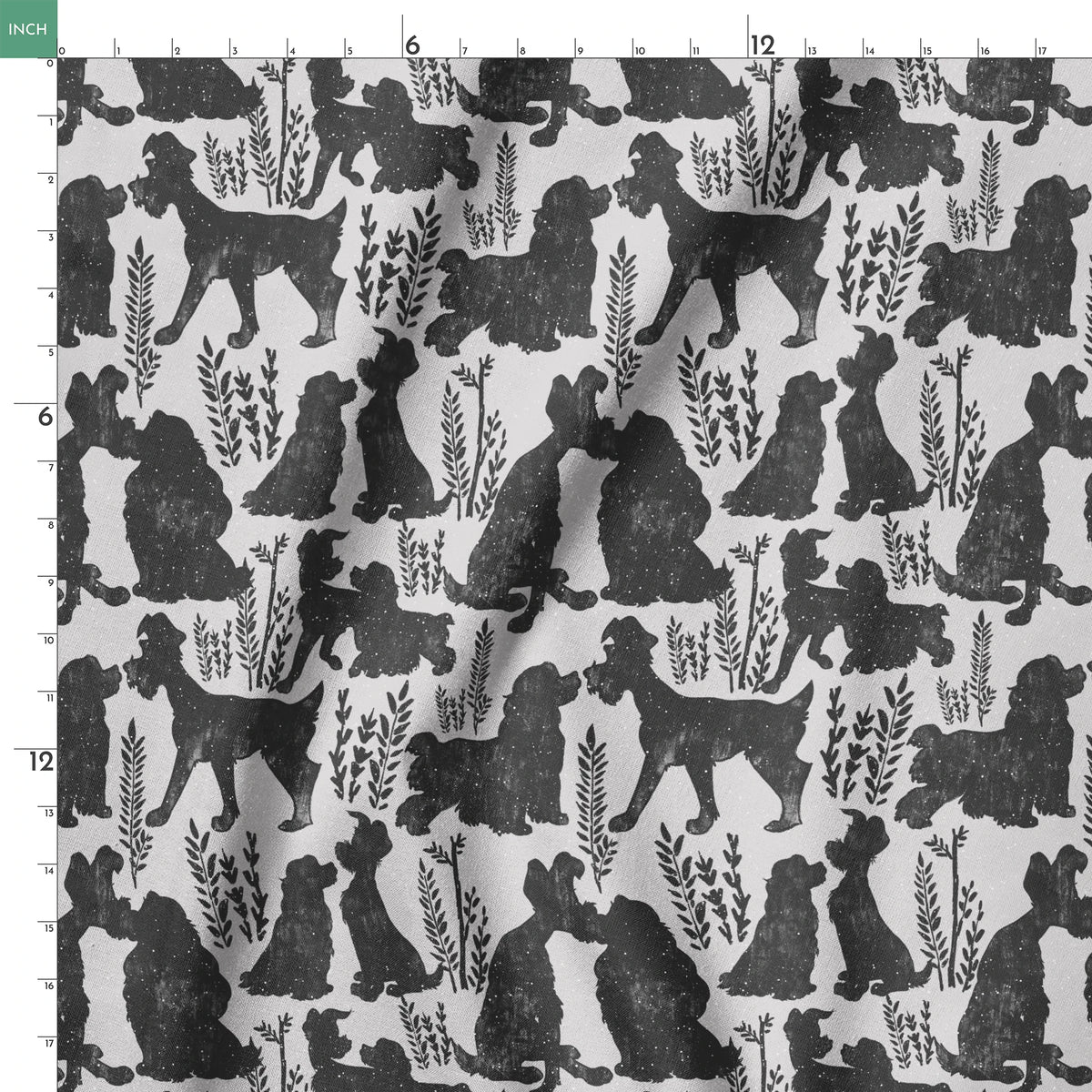 Repeating pattern of black dog silhouettes with decorative plant motifs on a light gray background springs ruler 18x18
