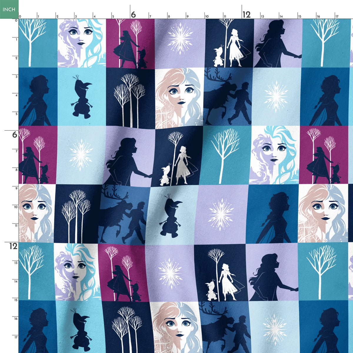 A grid of "Frozen" themed illustrations featuring character portraits, snowflakes, winter trees, and silhouetted scenes in shades of blue and purple. springs ruler 18x18