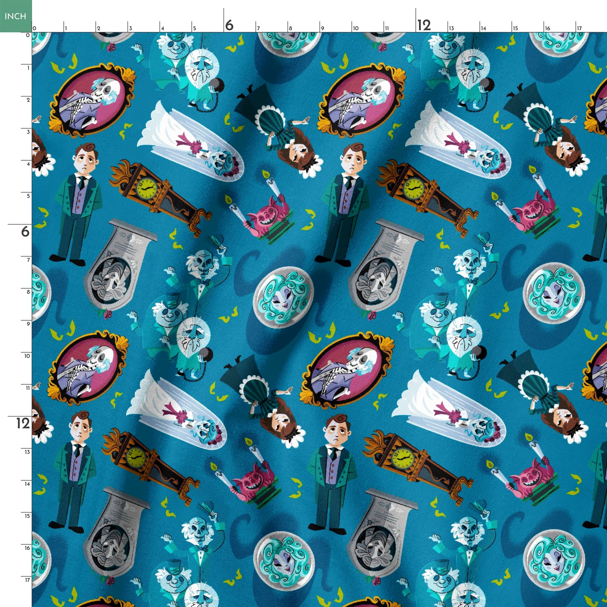 Haunted Mansion themed pattern with cartoon ghosts, portraits, coffins, and spooky elements on teal background springs ruler 18x18