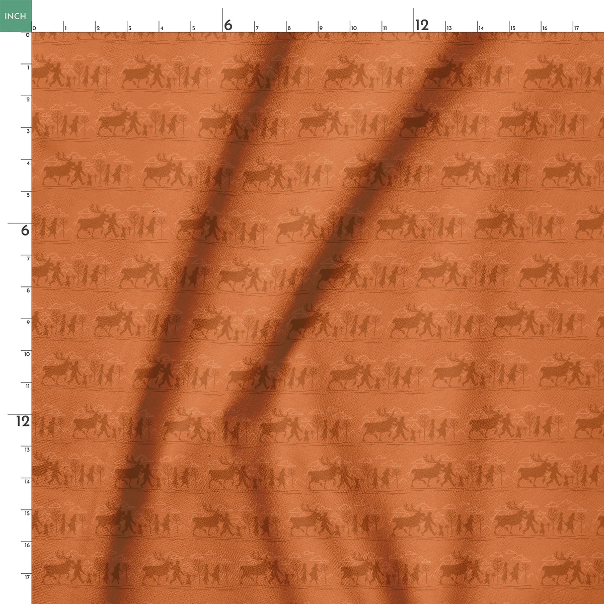 Repeating brown pattern with silhouettes of Frozen characters and trees in a rustic woodland scene springs ruler 18x18