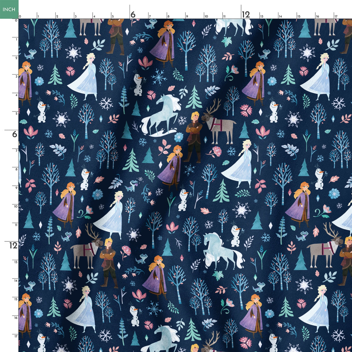 Illustrated Frozen pattern with Elsa, Anna, & friends, and floral elements on dark blue background springs ruler 18x18