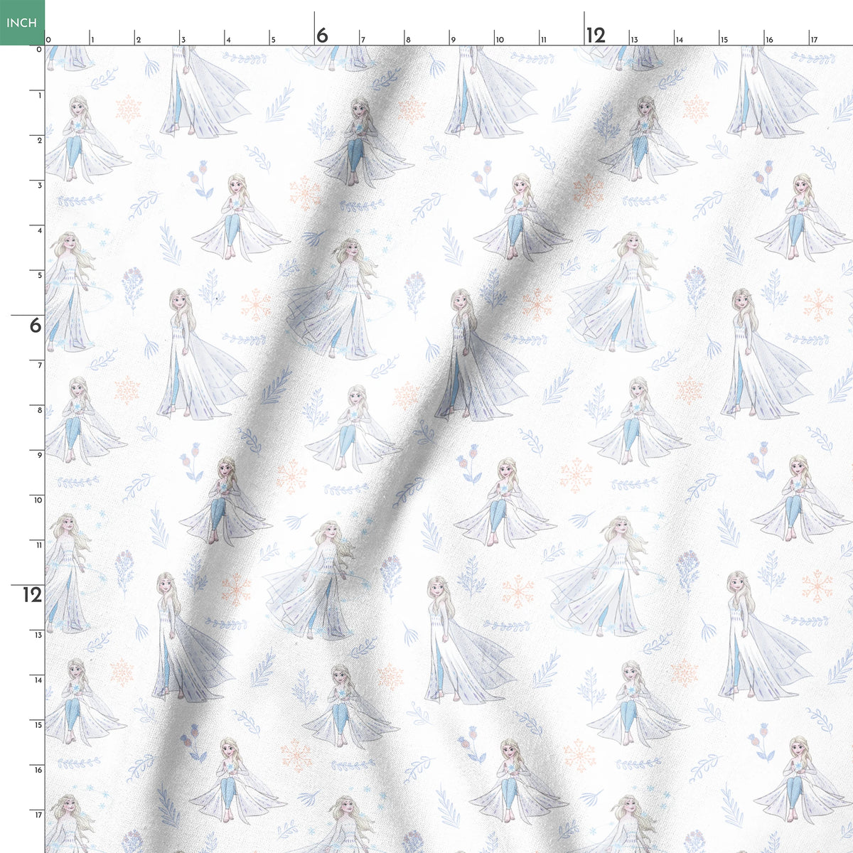 The image shows a decorative pattern featuringFrozen's Elsa, surrounded by delicate snowflakes, leaves, and floral elements in soft pastel colors on a light background. springs ruler 18x18