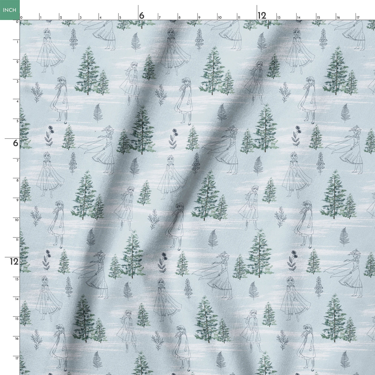 Pale blue pattern with delicate line drawings of pine trees, Elsa, and Anna across a wintry landscape springs ruler 18x18