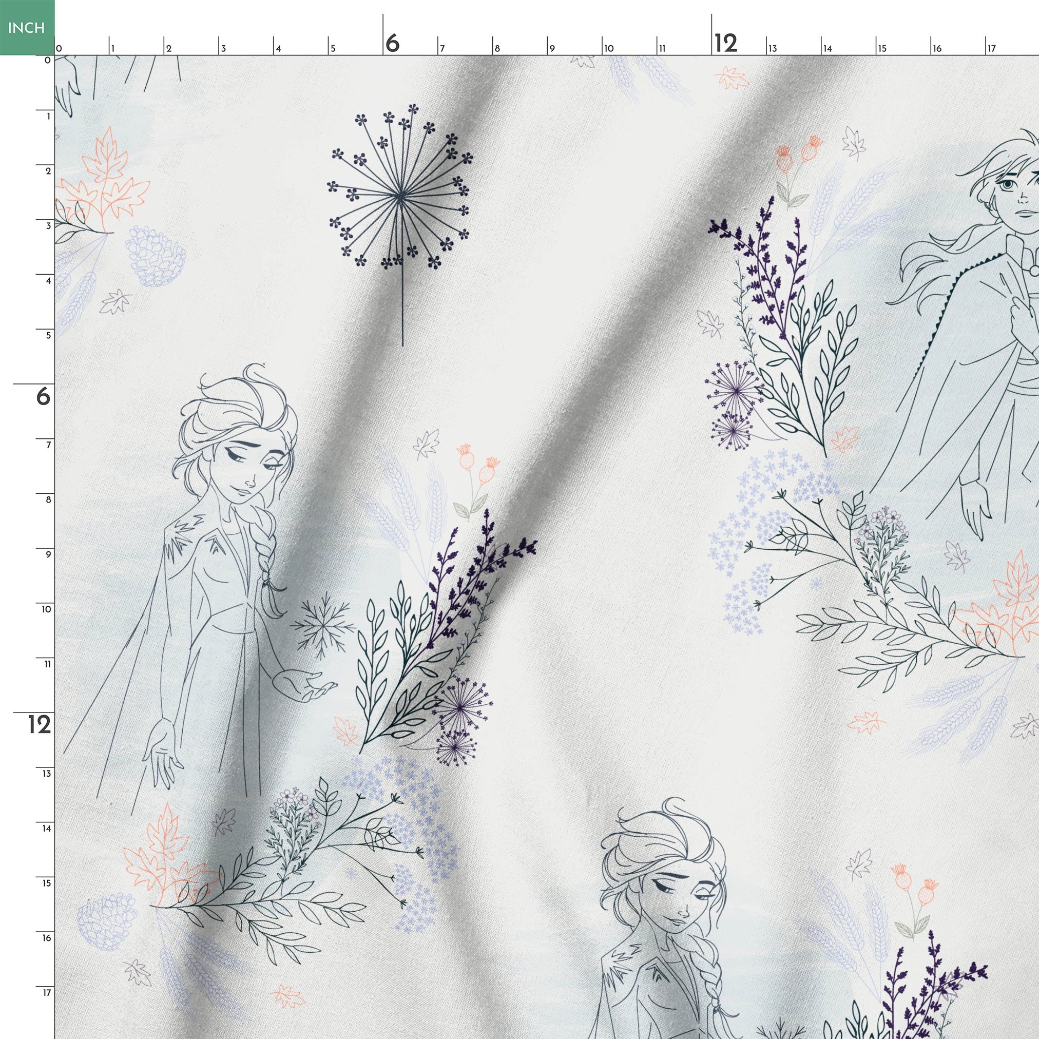 Delicate blue pattern featuring Frozen's Elsa and Anna surrounded by floral elements and dandelions on a light background springs ruler 18x18