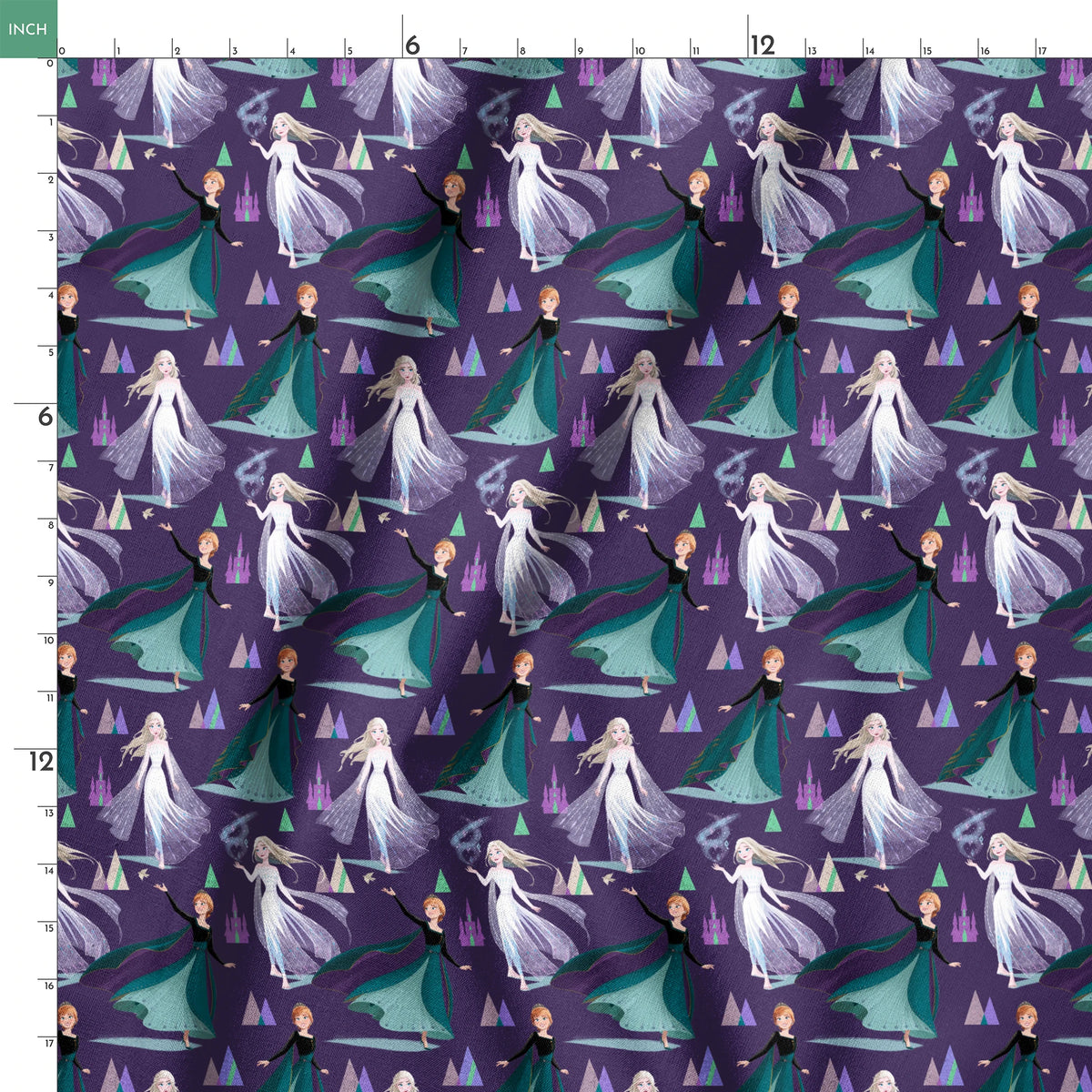 Frozen characters and ice castles on purple background, magical fantasy pattern springs ruler 18x18