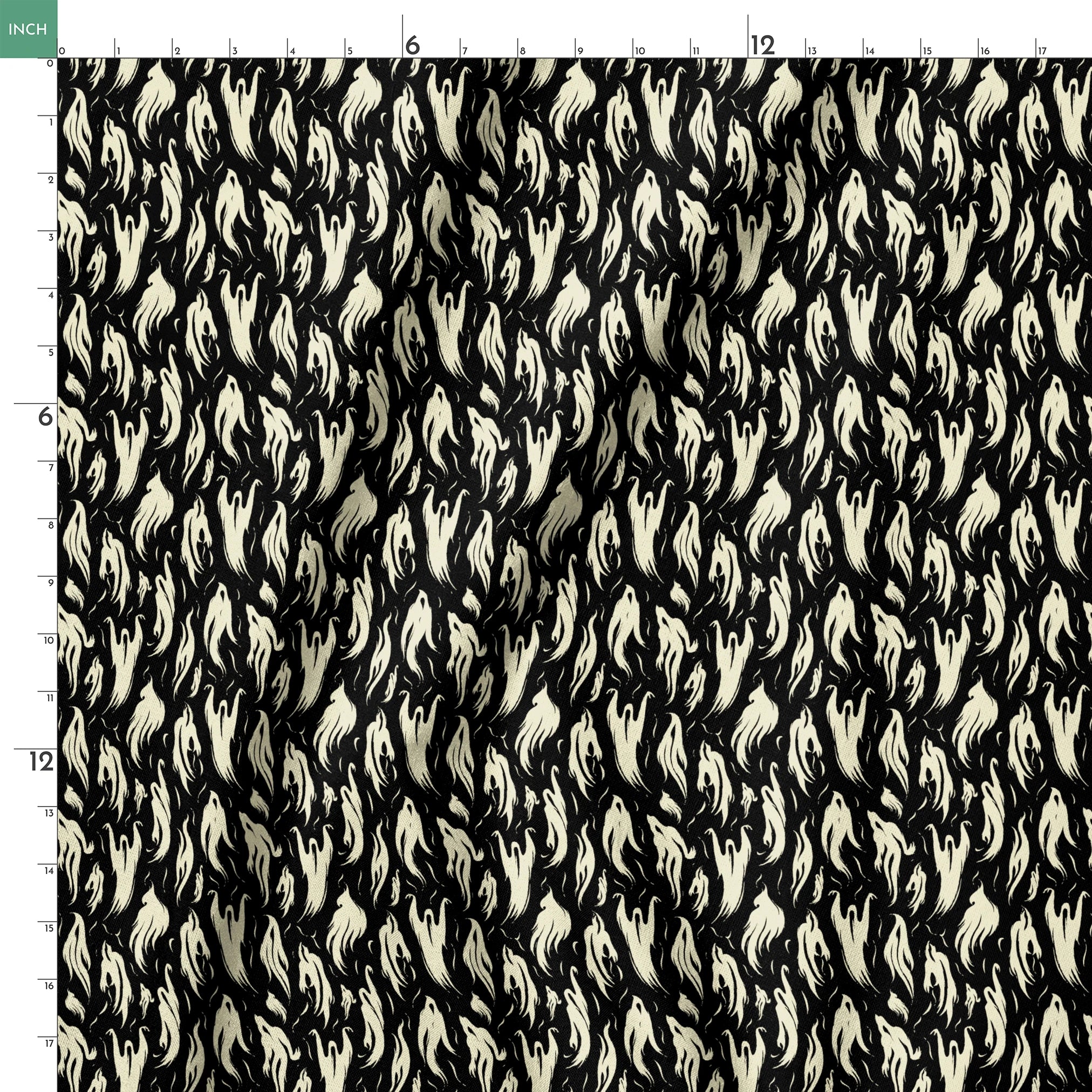 Abstract ghost-like shapes in pale cream swirling against a black background in a repeating pattern springs ruler 18x18