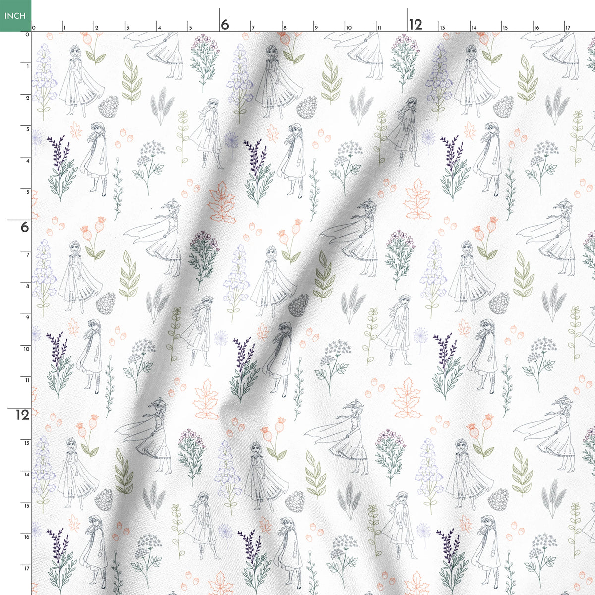 Delicate line drawing pattern of Elsa and Anna among botanical illustrations and flowers in soft colors springs ruler 18x18
