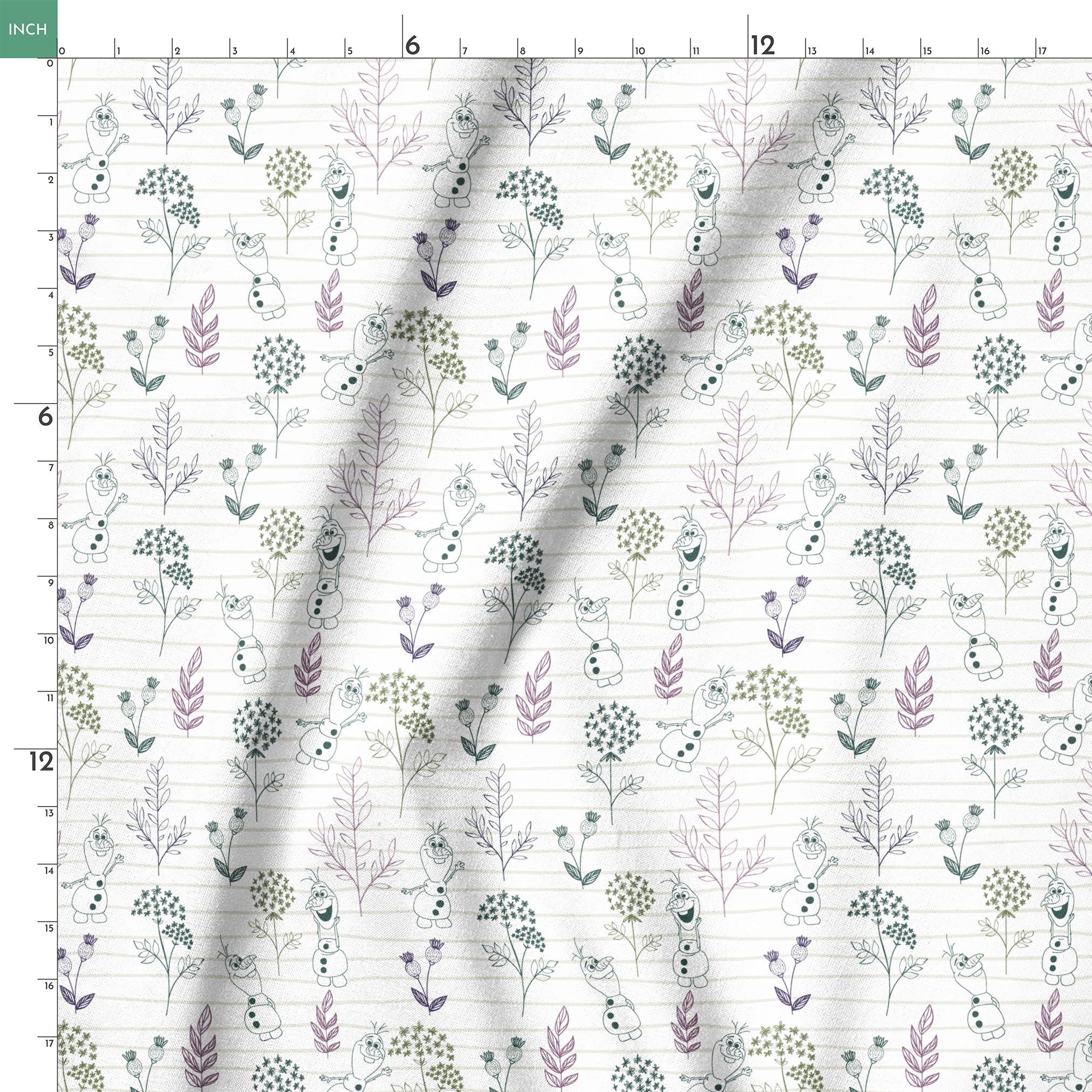 Pattern of sketched botanical elements, flowers, and Olaf on a lined background in soft greens and purples springs ruler 18x18