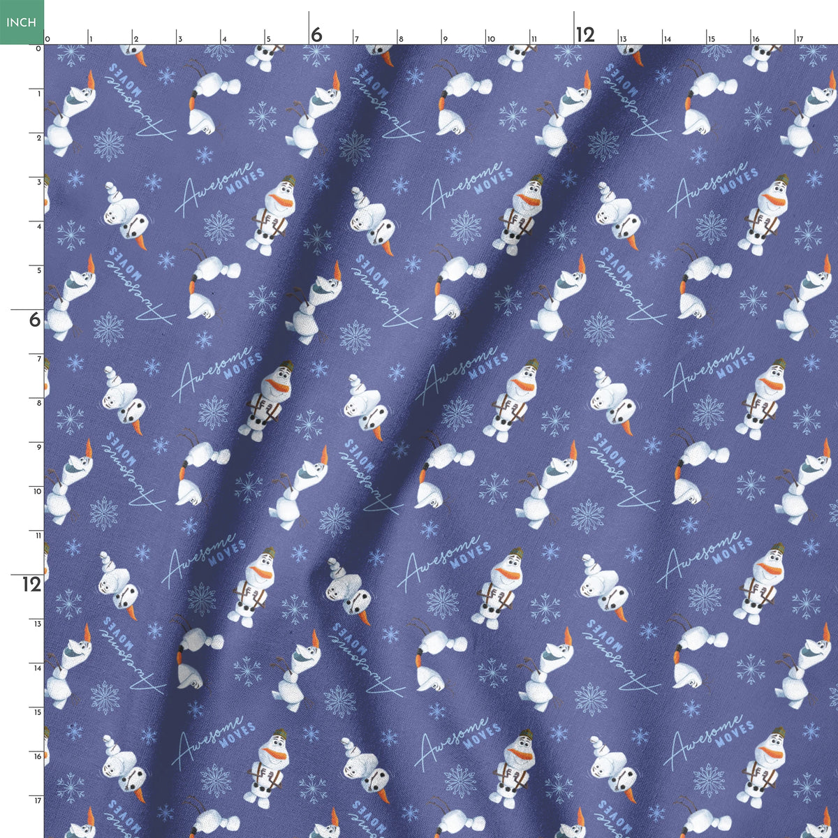 Playful Olaf the snowman pattern with snowflakes on purple background showing various poses springs ruler 18x18