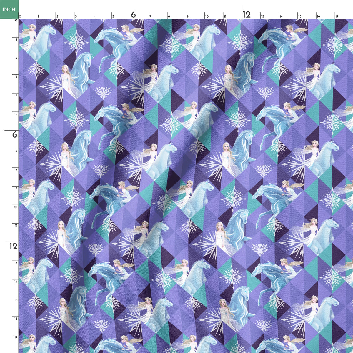 Disney's Frozen pattern with Elsa on horses against purple geometric background with snowflakes springs ruler 18x18