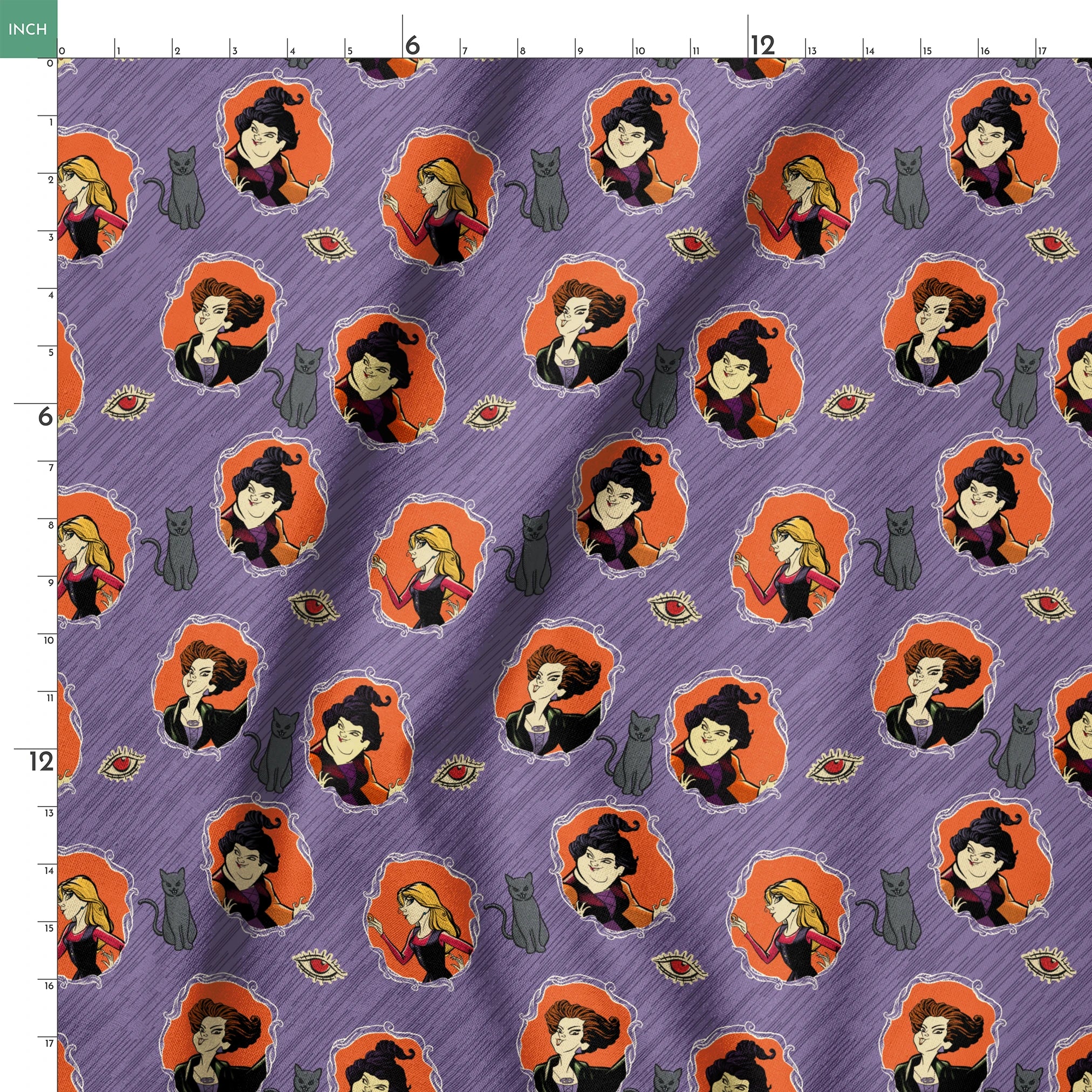 Purple background pattern with illustrated cartoon characters, black cats, and eye symbols in orange circular frames springs ruler 18x18