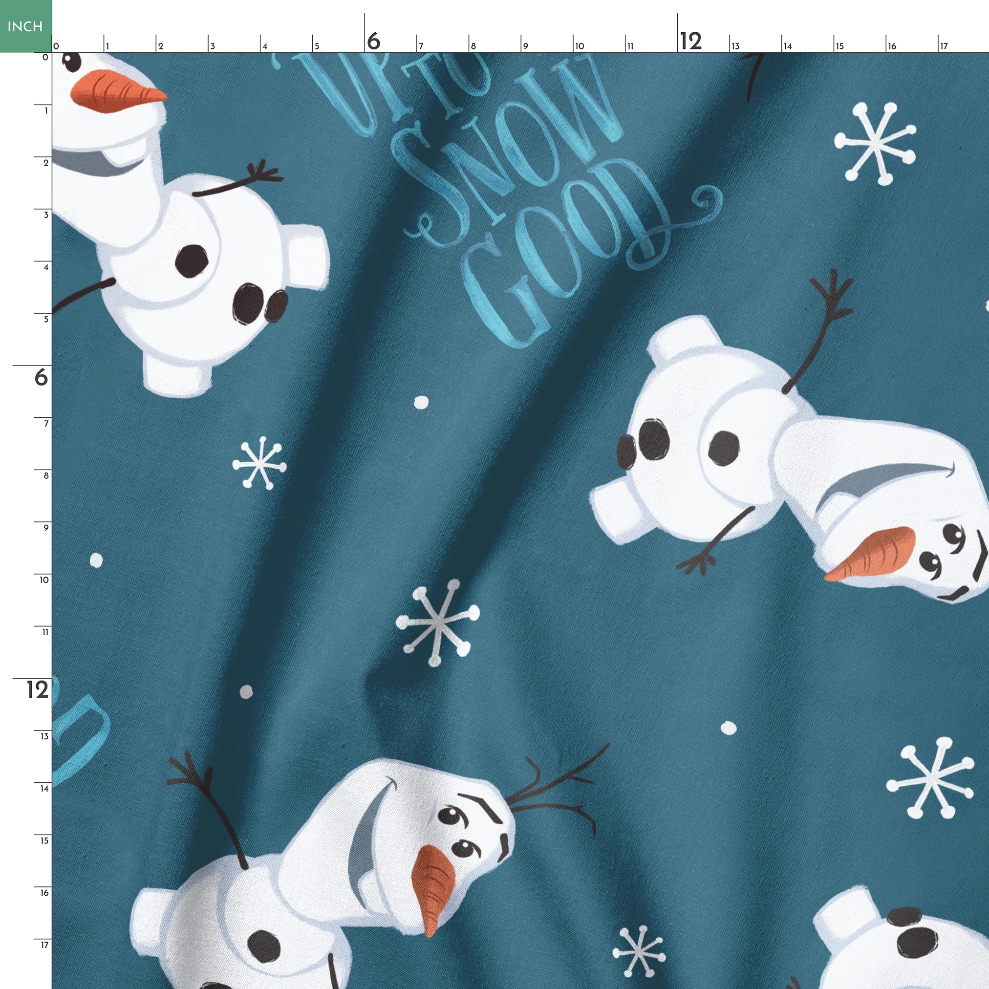 Playful Olaf  pattern with "Let It Snow" text on teal background with snowflakes springs ruler 18x18