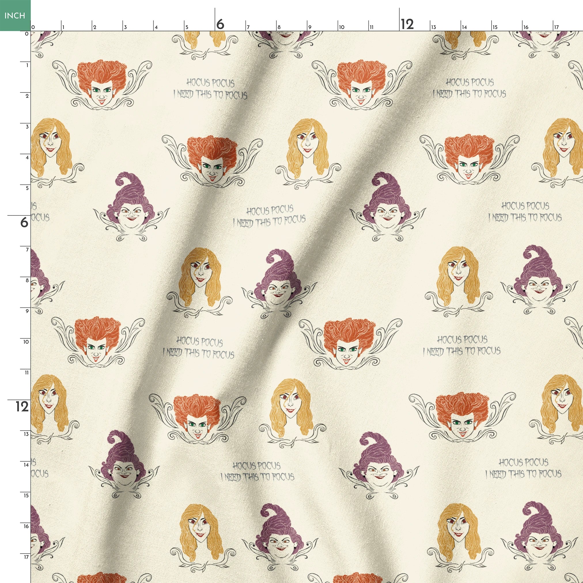 Pattern of illustrated magical characters with orange, blonde and purple hair on cream background with "Hocus Pocus" text springs ruler 18x18