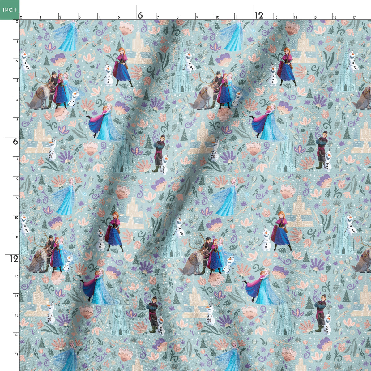 Frozen-themed pattern with the iconic characters, snowmen, flowers, and swirls on a light blue background springs ruler 18x18