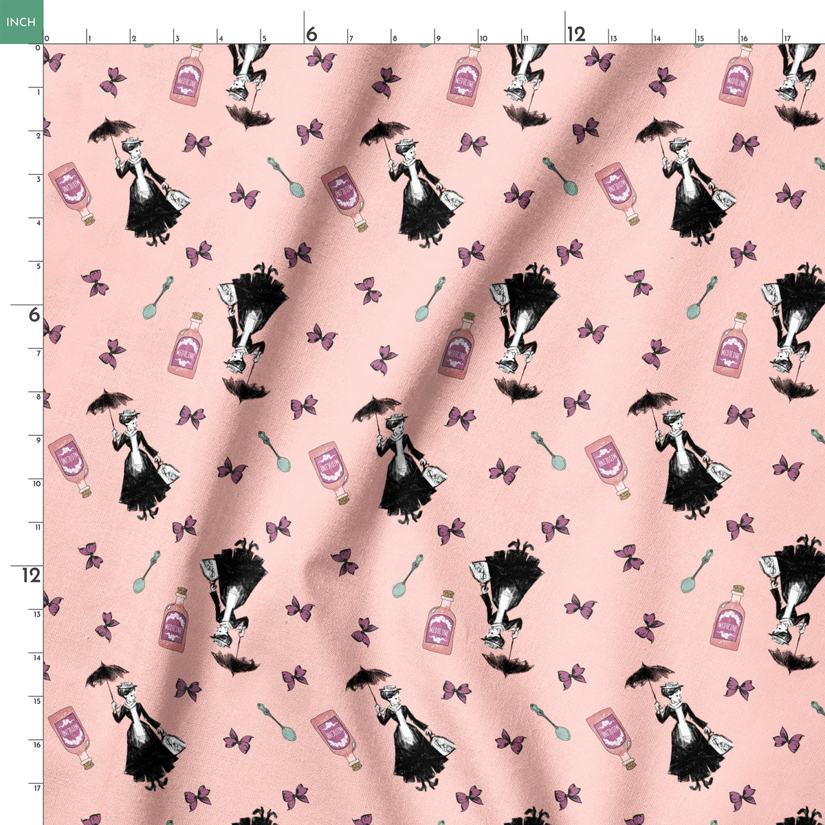 Whimsical illustration on pink background featuring Mary Poppins, purple bottles, and floating bows springs ruler 18x18
