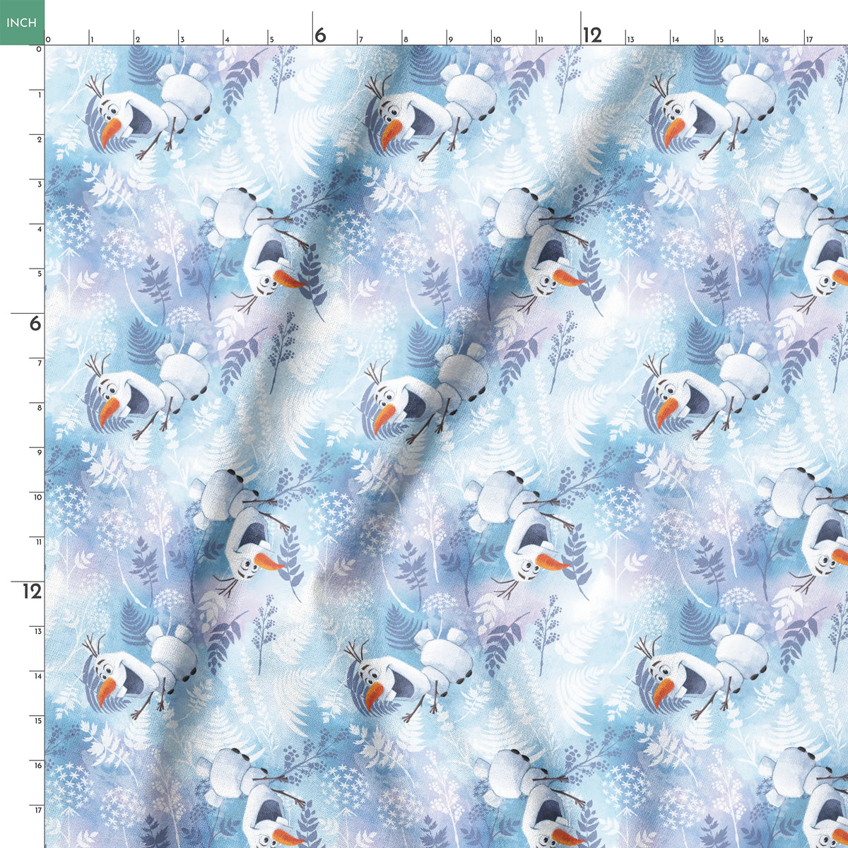Cheerful Olaf playing among delicate ferns and snowflakes on a light blue background springs ruler 18x18