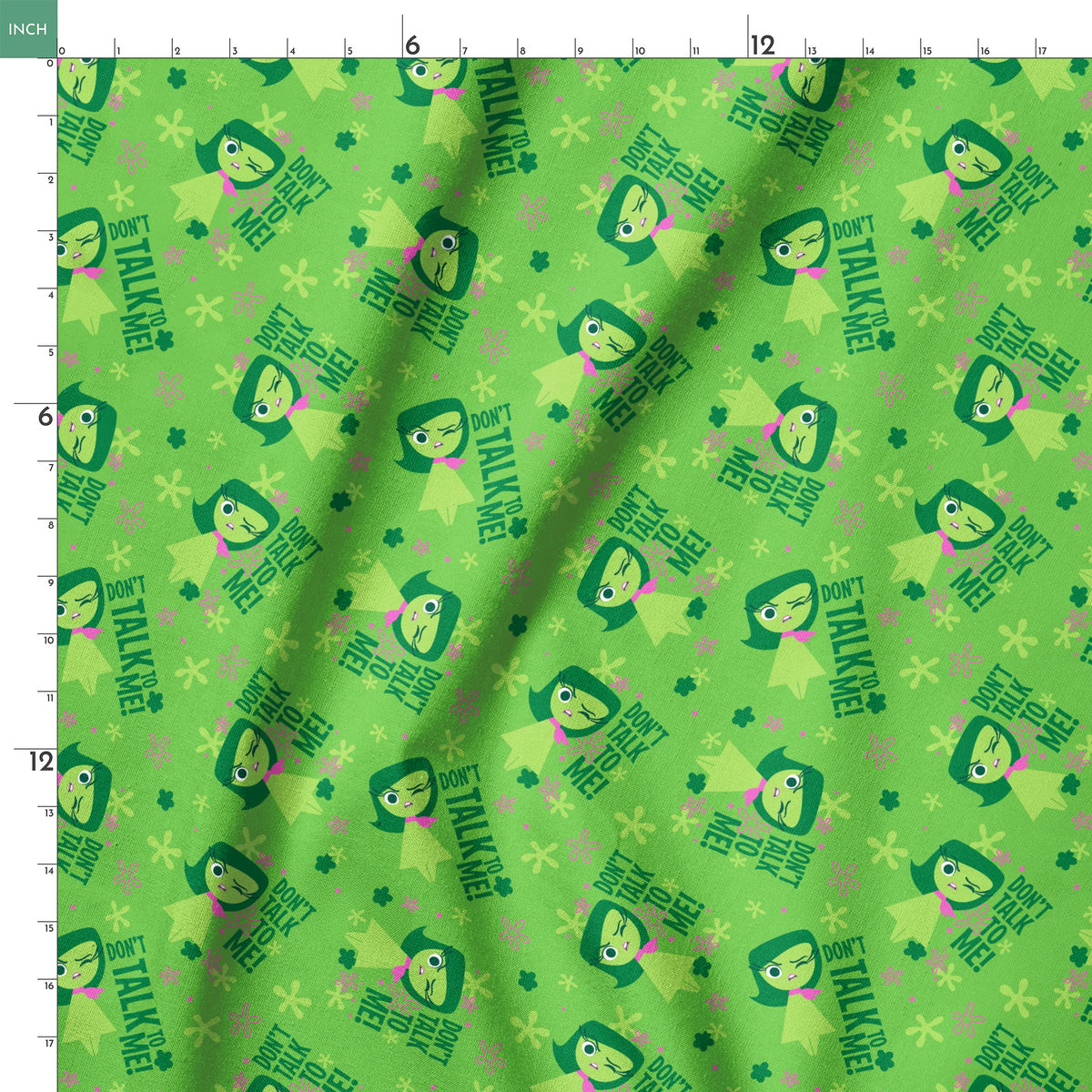 Green background with Disgust from Inside Out and "Don't Talk To Me" text, featuring stars and floral elements springs ruler 18x18