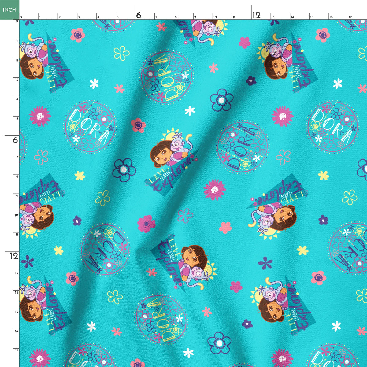 Colorful teal pattern with Dora the Explorer characters, decorative circles, flowers, and triangular shapes in pink, purple, and blue springs ruler 18x18