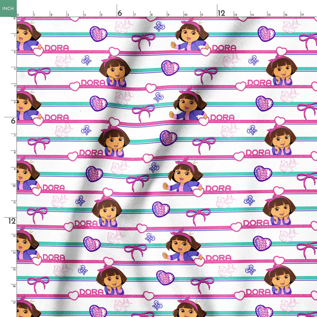 Colorful Dora the Explorer pattern with horizontal stripes featuring purple hearts, bows, butterflies, and "DORA" text on pink and green backgrounds springs ruler 18x18