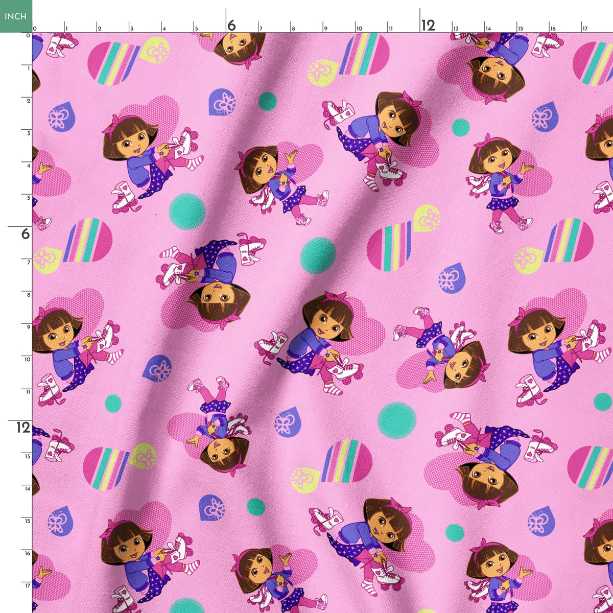 Dora the Explorer pattern with purple background, colorful polka dots and striped shapes springs ruler 18x18