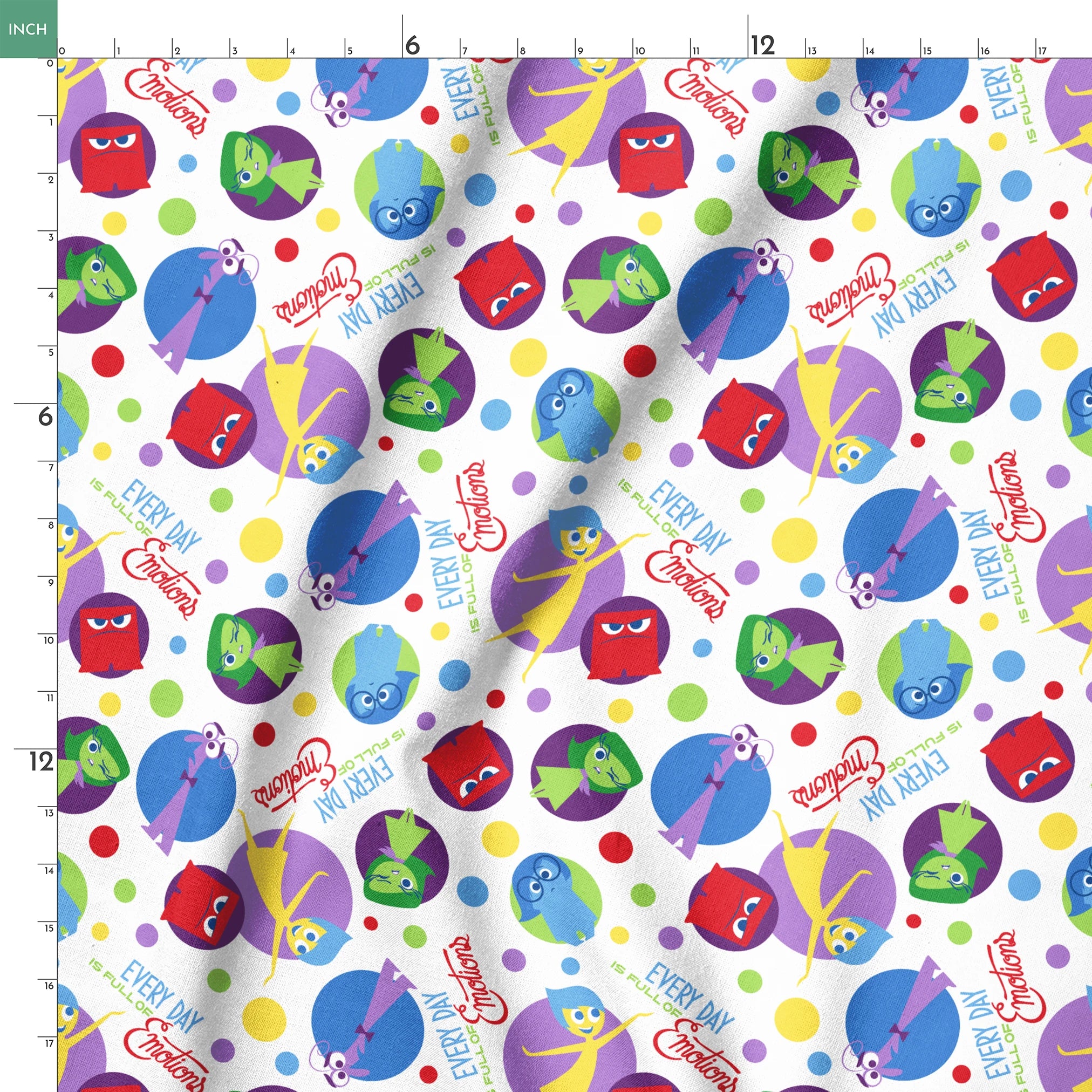 Colorful Inside Out characters in circles - Joy, Sadness, Fear, Disgust, and Anger on polka dot background springs ruler 18x18
