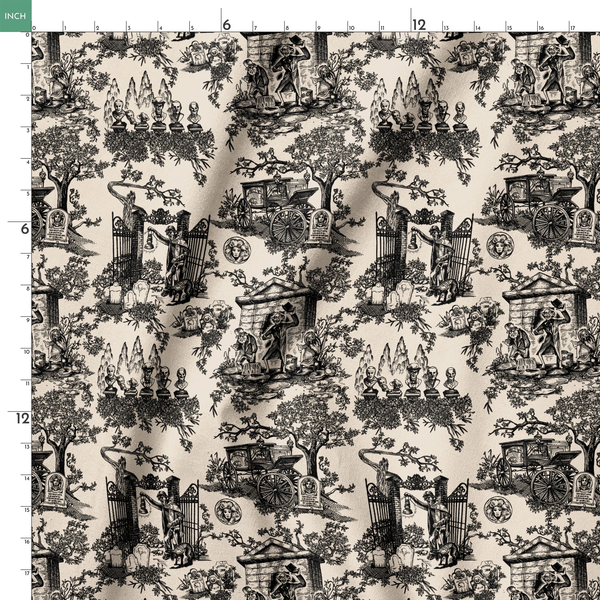 Black and white toile pattern with garden scenes, architectural elements, and decorative figures in a classical style springs ruler 18x18