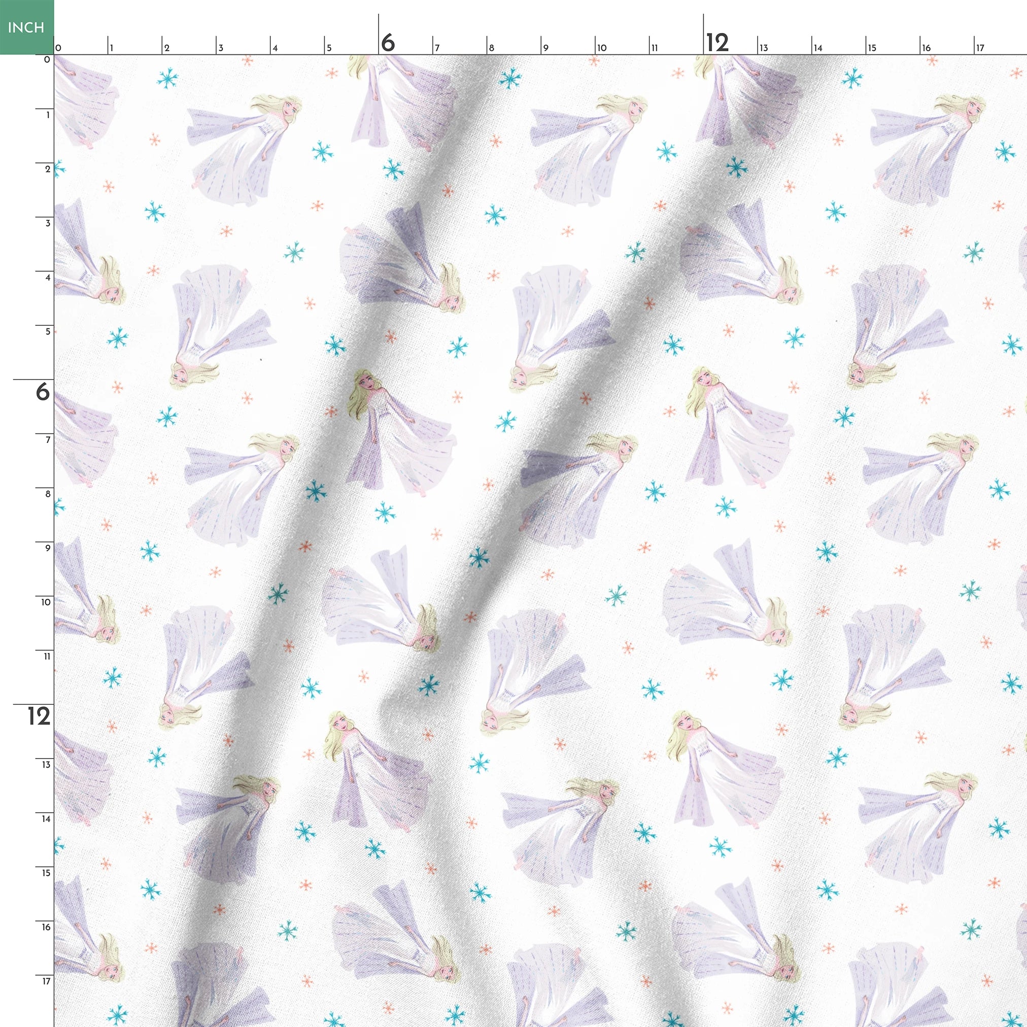 Whimsical pattern of Elsa with colorful snowflakes on white background springs ruler 18x18
