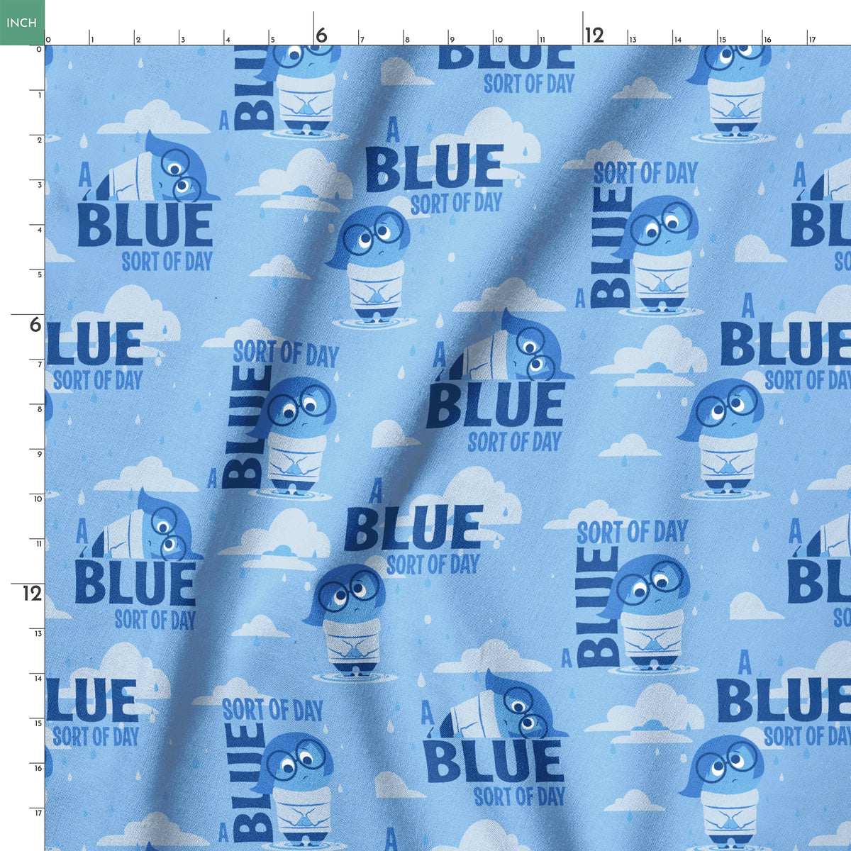 Sadness from Disney and Pixar's Inside Out pattern with "BLUE SORT OF DAY" text on light blue background with clouds springs ruler 18x18