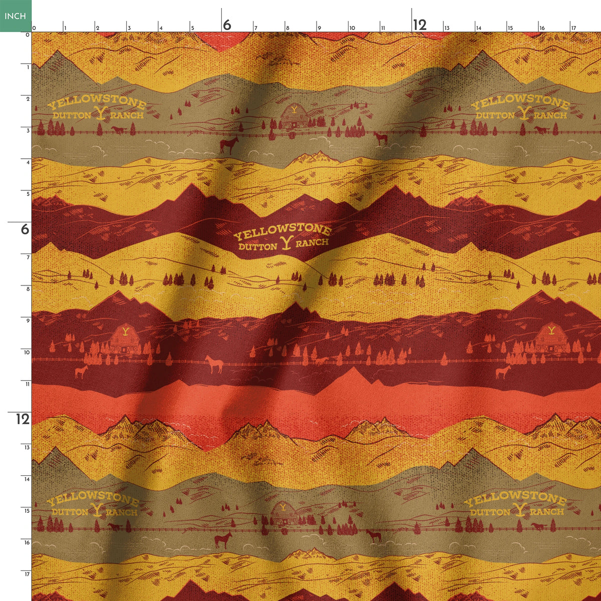 Layered mountain landscape in red, gold, and brown with "Yellowstone Cotton Ranch" text and silhouetted trees and wildlife. springs ruler 18x18