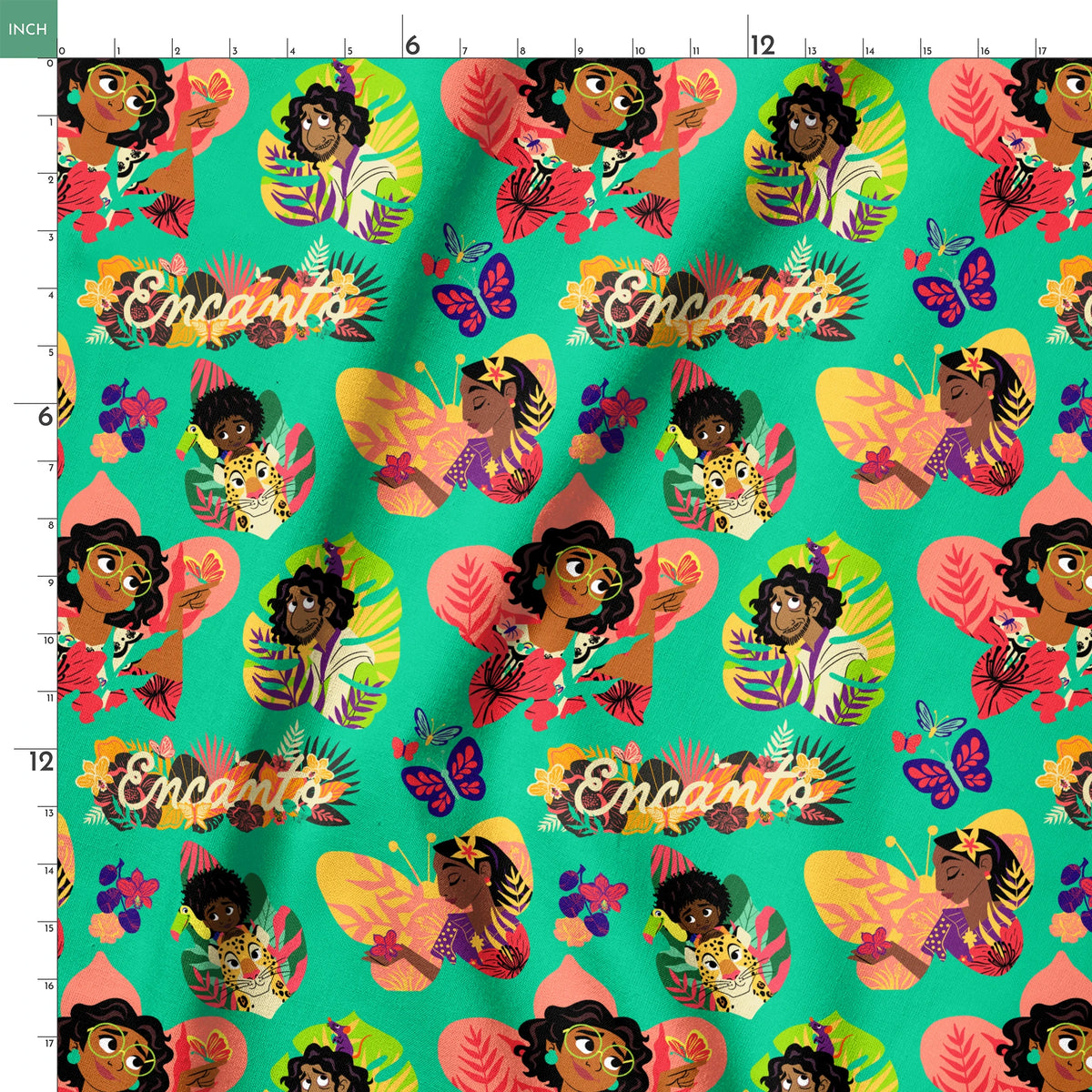 Colorful illustration with characters, butterflies, and tropical leaves on turquoise background with "Encanto" text springs ruler 18x18