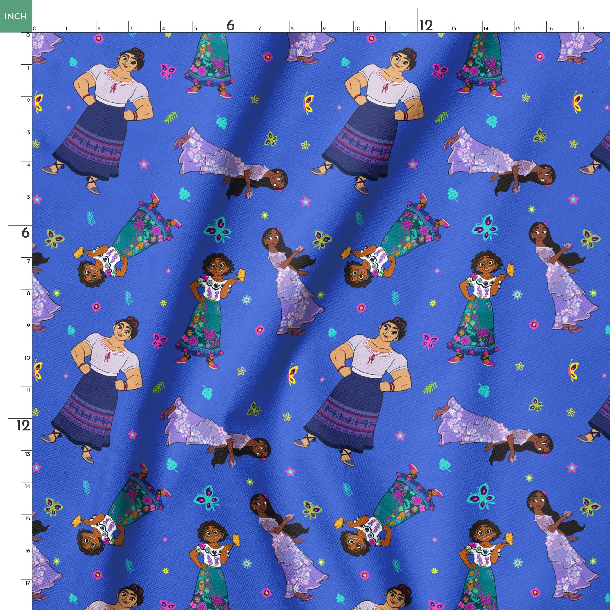 Colorful cartoon figures in traditional clothing floating on vibrant blue background with butterflies and flowers springs ruler 18x18