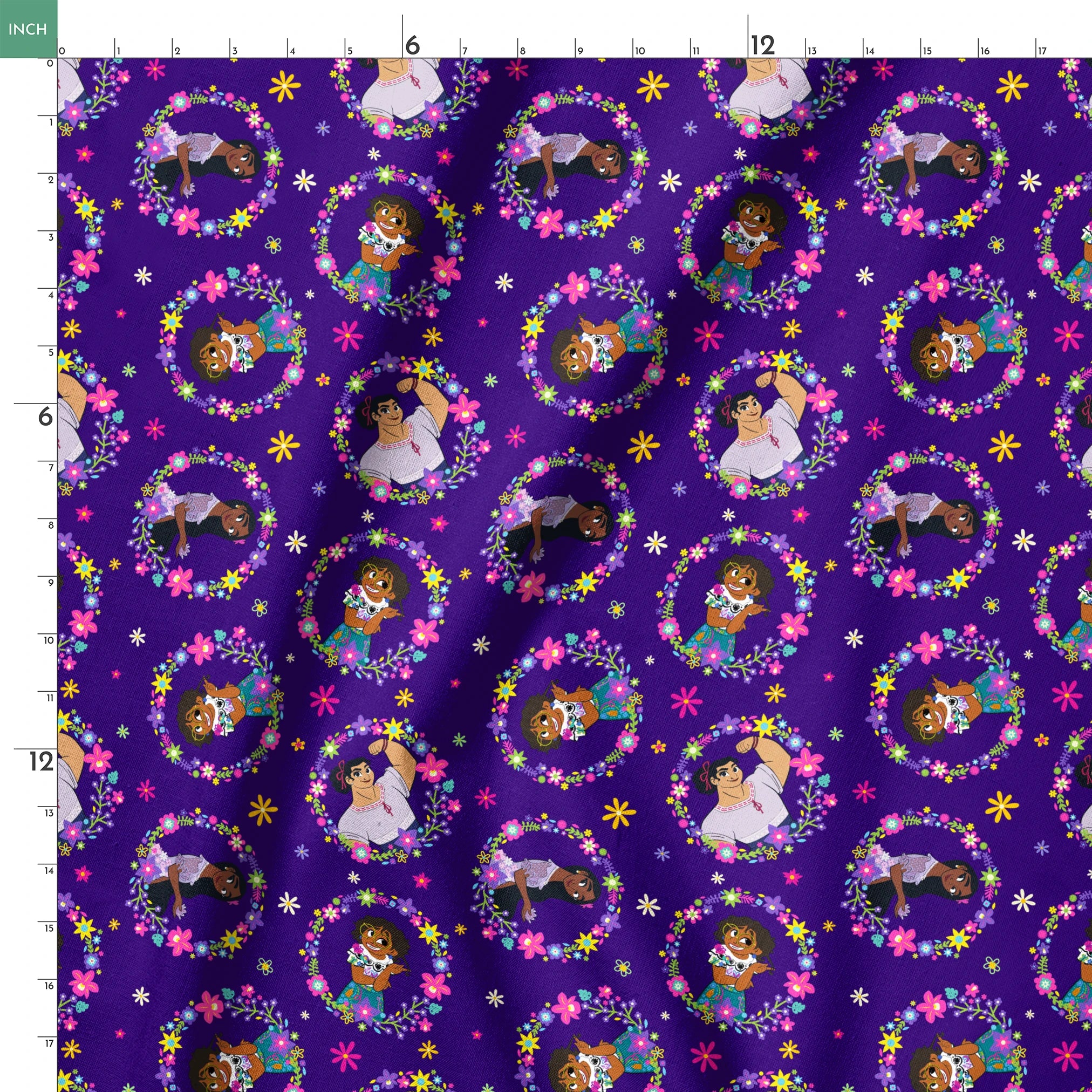 Colorful cartoon characters in floral wreaths pattern on deep purple background with stars springs ruler 18x18