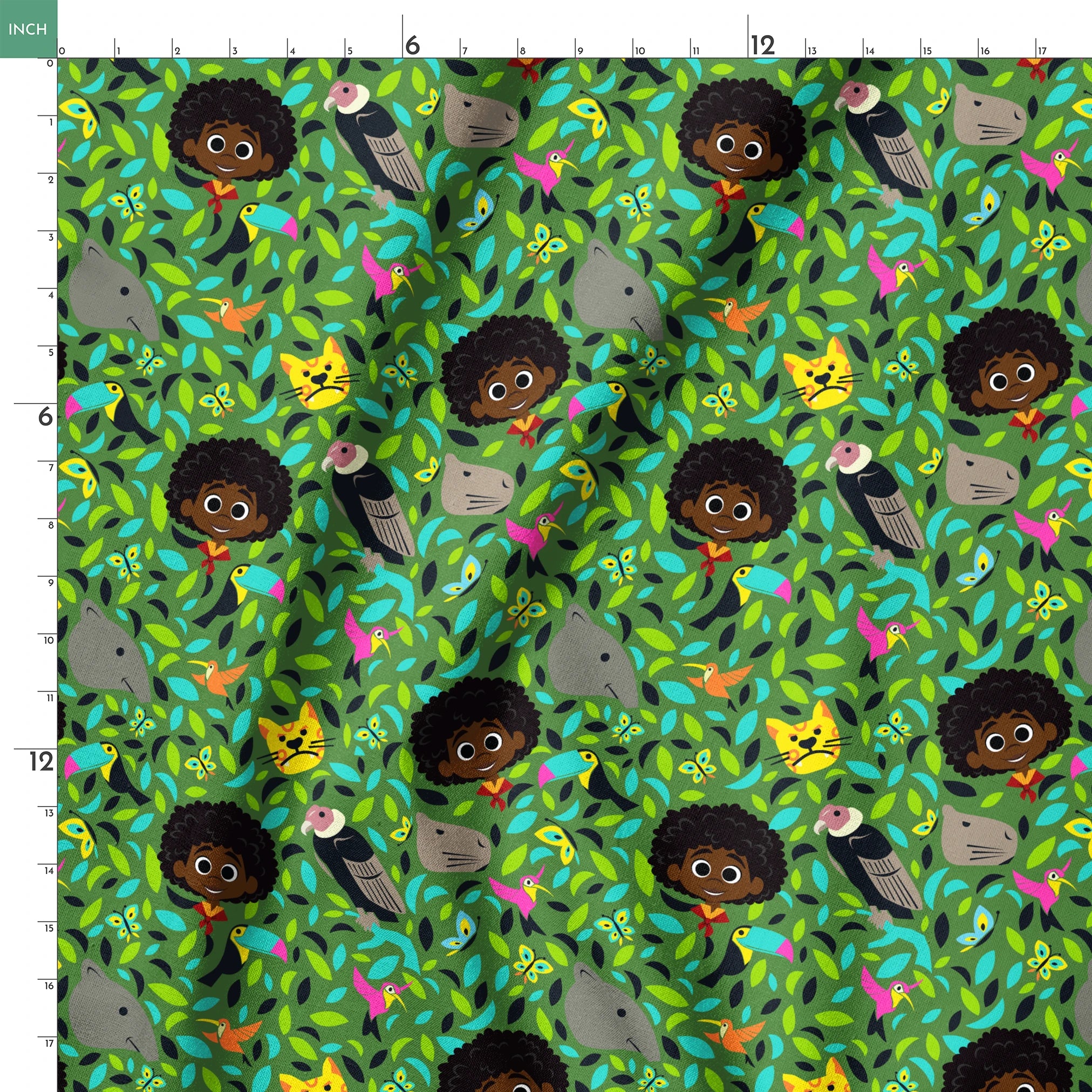 Colorful illustration with children, birds, butterflies, and animals among vibrant green foliage. springs ruler 18x18