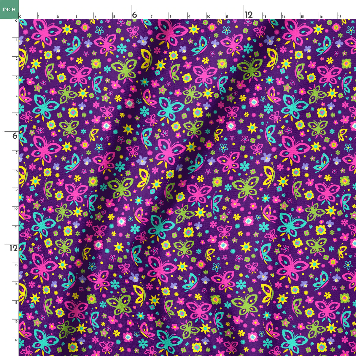 Colorful butterfly and flower pattern on purple background with pink, blue, green, and yellow designs springs ruler 18x18
