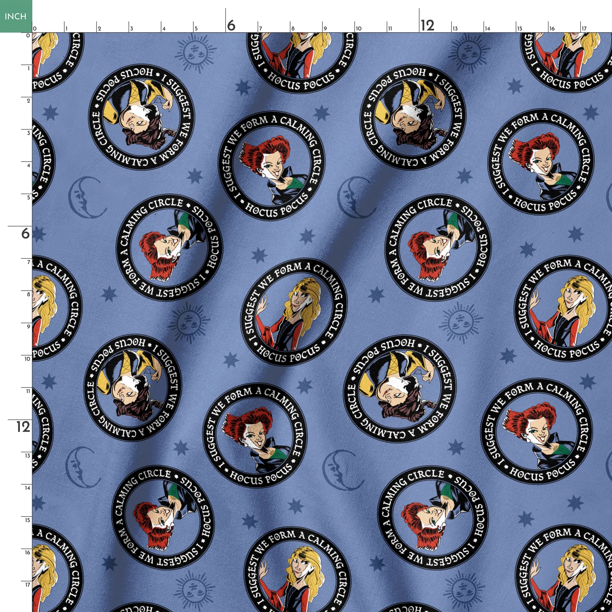 Cartoon witches in circular emblems with "Hocus Pocus" text on blue background with stars springs ruler 18x18