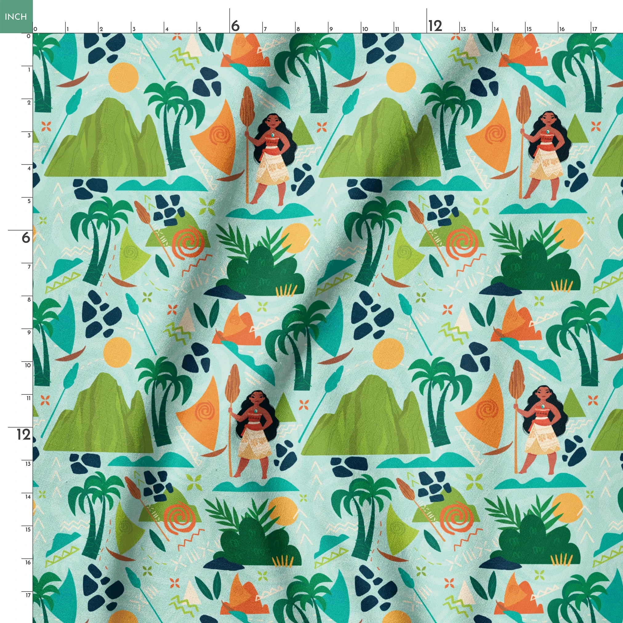 Tropical pattern with palm trees, mountains, sailboats and Polynesian-inspired motifs on mint green springs ruler 18x18
