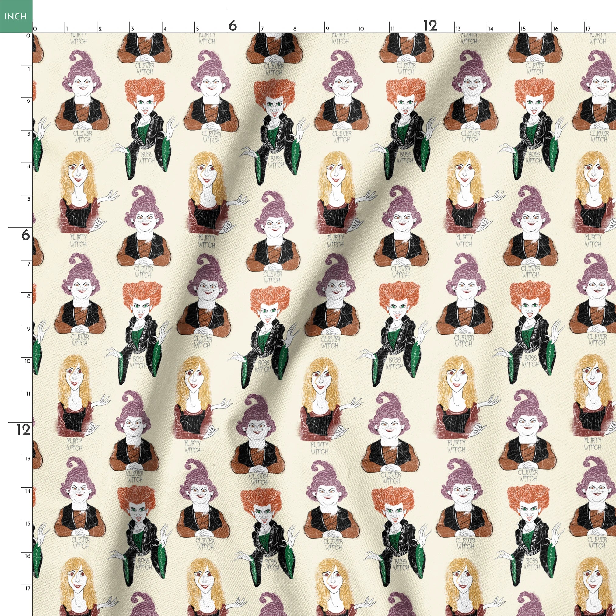 Pattern of illustrated witch characters with different styling - purple hat witch, green-dressed witch, and blonde witch with varying colors and poses springs ruler 18x18