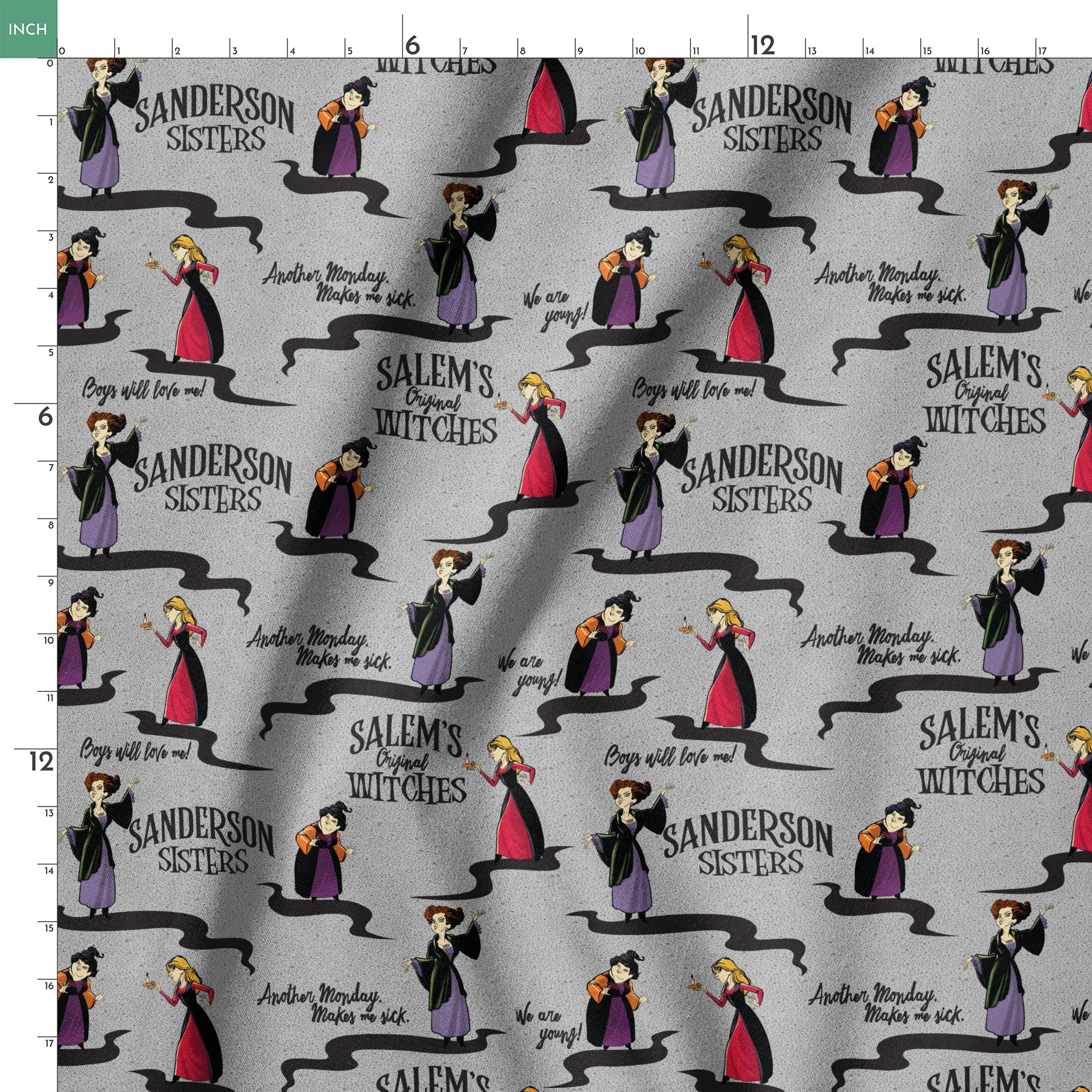 Sanderson Sisters pattern from Hocus Pocus with cartoon witches in purple and red dresses on gray background springs ruler 18x18